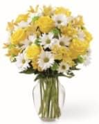 Sunny Sentiment Sunny Sentiment - vase of Yellow roses, Yellow alstromeria, White daisys and lime green mums