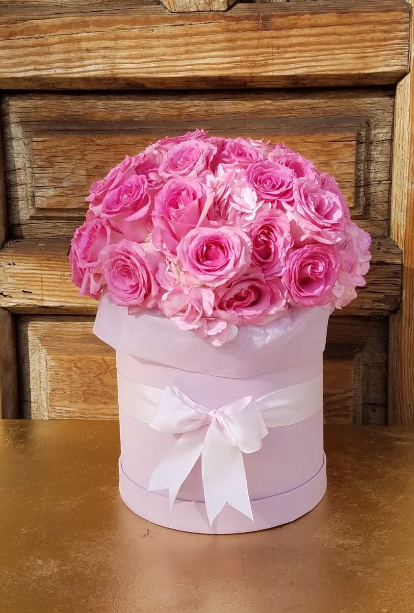 Pink Velvet - This beautiful keepsake Parisian-inspired soft pink hat box with a velvet finish holds pink garden roses! Perfect gift for a special someone! 