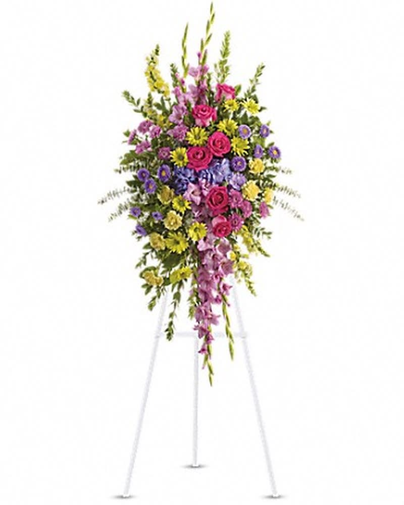 Bright and Beautiful Spray Bright and Beautiful Spray - Reflecting the many colors of life, a rich spectrum of blooms evokes the range of emotions experienced in remembering a cherished loved one. A lovely assortment of flowers such as lavender gladioli and cushion spray chrysanthemums, yellow snapdragons, carnations and daisy spray chrysanthemums, hot pink roses, purple hydrangea, asters and assorted greens are all presented on an easel.