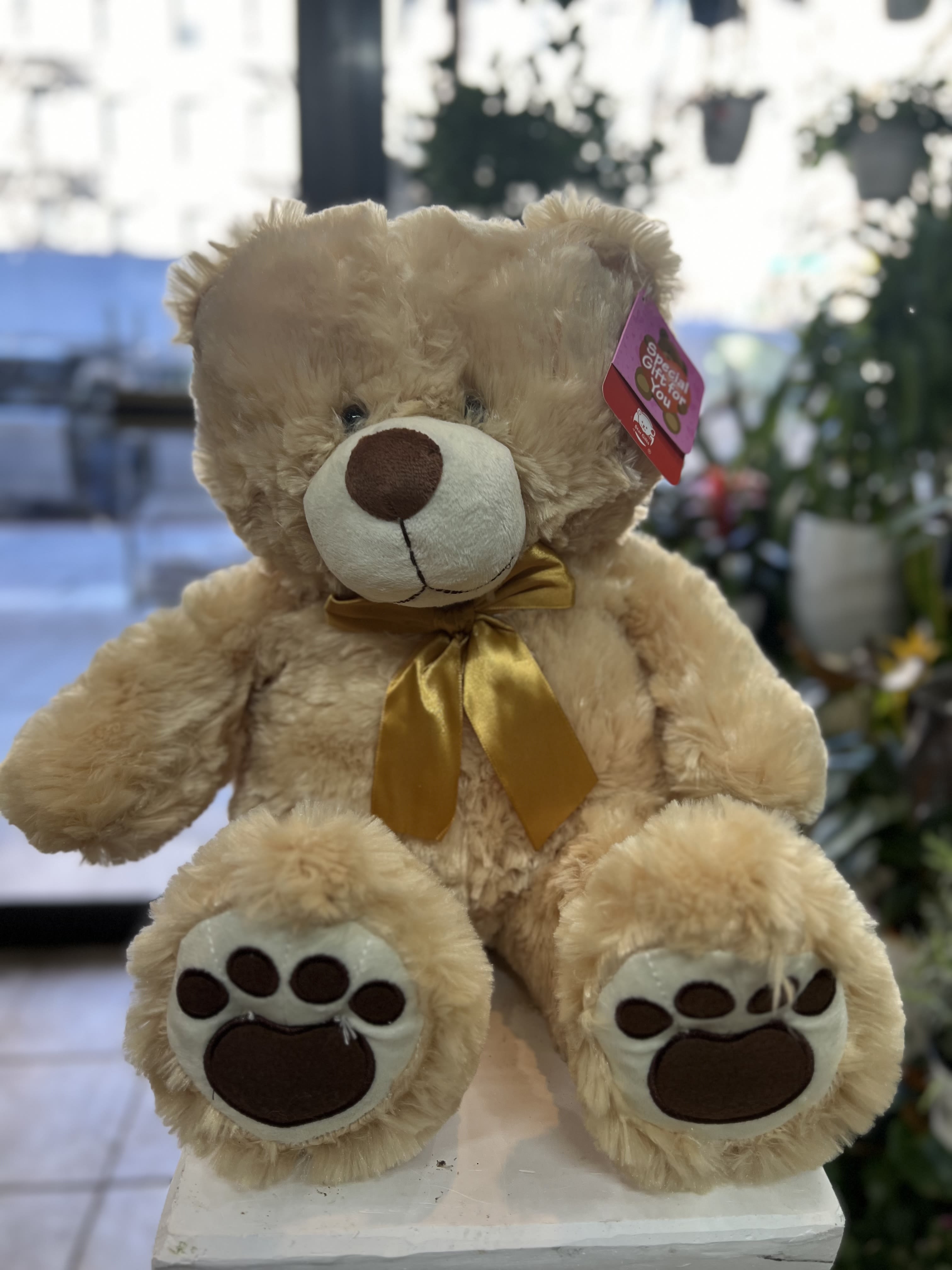 Cookie - Plush light brown bear wears a gold bow around his neck with a soft and comfortable makes a great gift for any occasion!