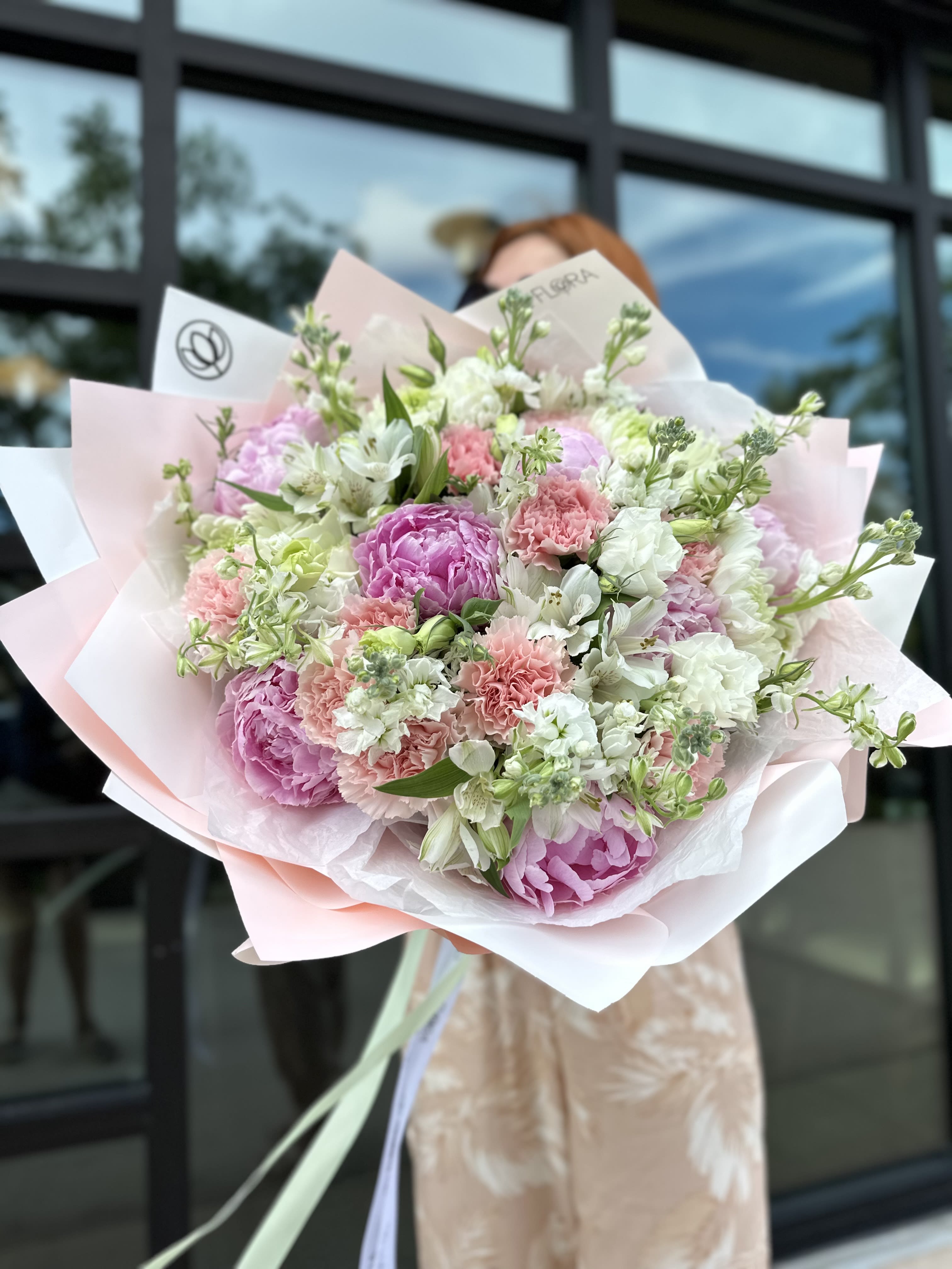 Earlier summer bouquet - Bouquet of peonies, lisianthus, carnations, alstroemerias and stocks. 