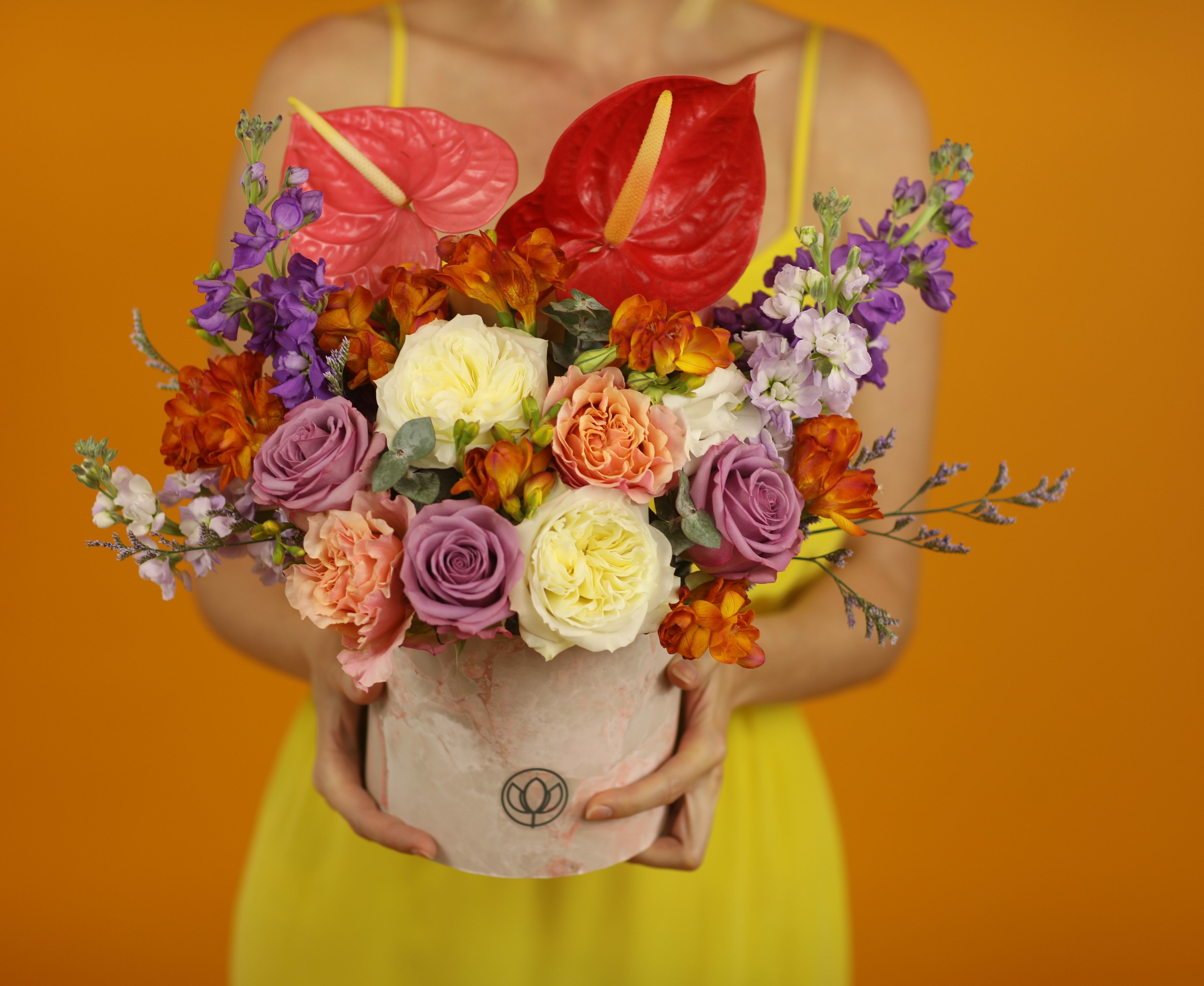 Purple Flower Box - Perfect Purple and orange mix. Medium size box (height with flowers) 16'-18' (43-47 cm) 
