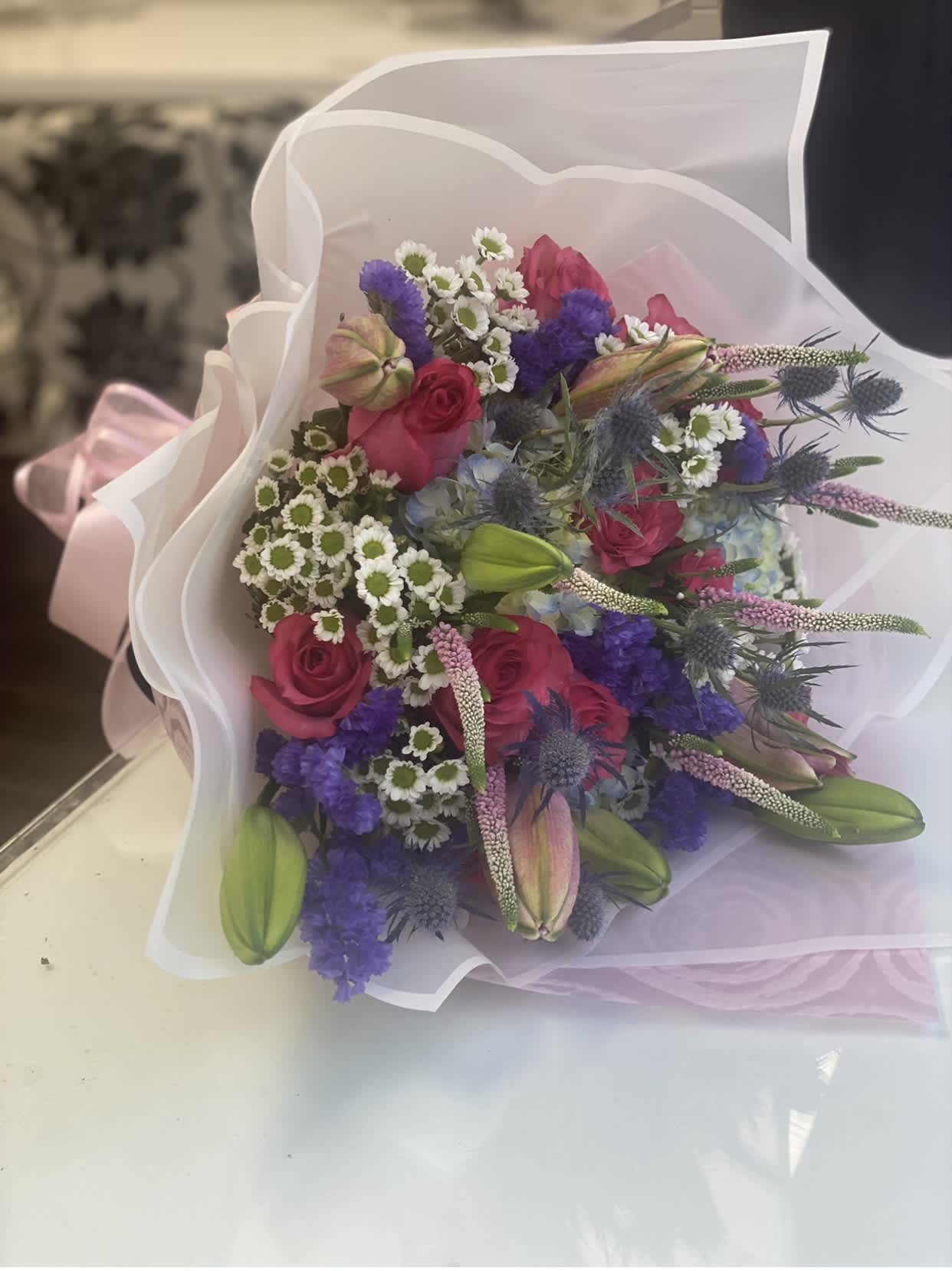 Mixed Luxurious Bouquet  - Roses, Hydrangeas, Lilies, Veronica, Statice, Daisy Mums to name a few glorious stems in this gorgeous bouquet 