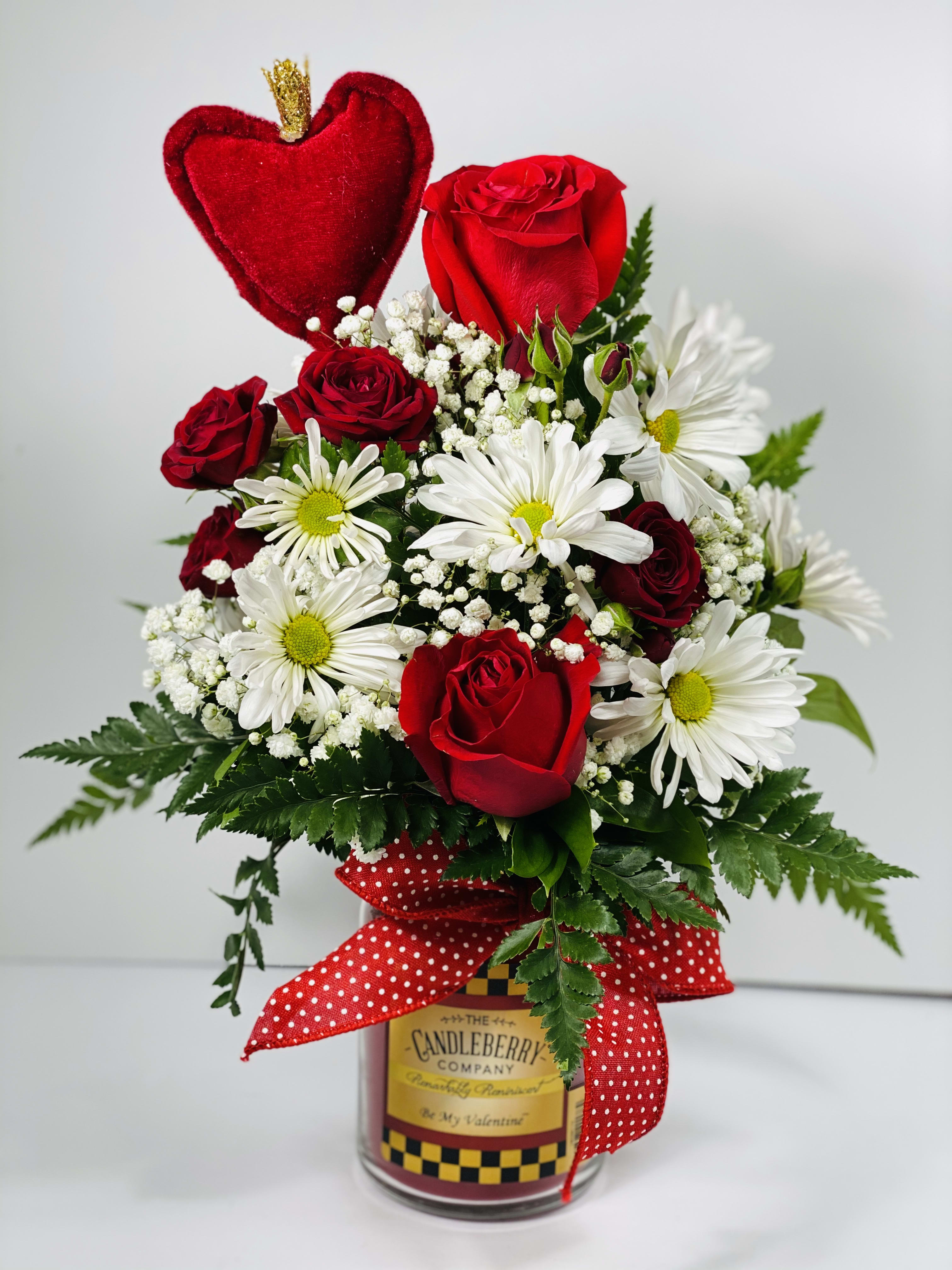 Be My Valentine Candle Arrangement  - This is an Always in Season Exclusive!!! We take a large Candleberry Candle and make a beautiful fresh arrangement on the top of it. Arrangement differ from Season to season, however this is a gift the recipient will always remember, flowers and a candle.....how could you go wrong?!?!?