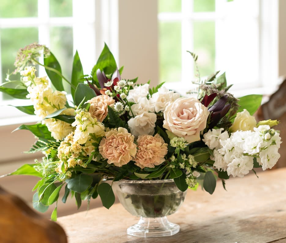  Abbey - Like a quiet corner in your favorite museum, the contrasting cream tones and plum accents are simultaneously welcoming and deep. Roses and stock are framed by dark and bright green foliages. Filler flowers add texture and blend shades seamlessly. Designed in a clear compote, or other similar vessel. Florist reserves the right to make modifications to the design based on seasonality and accessibility of blooms and vases. Any modifications made will honor the palette, intent, and feeling of the pictured design. Kindly contact us directly with any specifications or concerns. 707-479-1606
