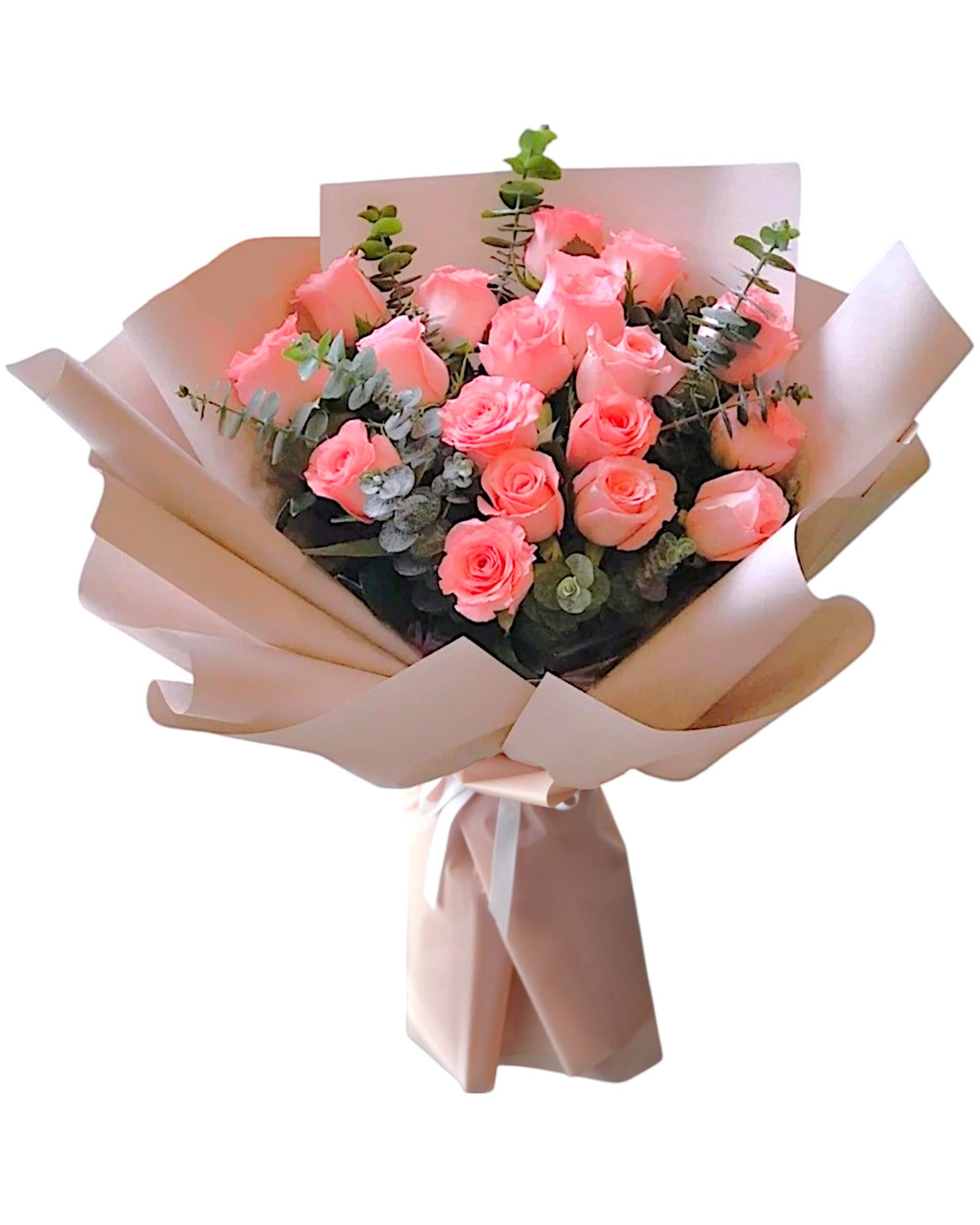 Peach Roses Bouquet - Surprise them with beautiful peach roses. They'll be dazzled by this classic gift - and impressed by your impeccable taste.  DETAILS A bouquet of peach beautiful roses with greens, wrapped in brown kraft paper.   VASE NOT INCLUDED Orientation: One-Sided Item #NF-500  FLORIST-TO-DOOR Same day flower delivery on most orders placed online by 12 pm or 10 am on weekends PST.  BLOOM DETAILS Roses Greenery  The Standard Bouquet - 18 Roses (Shown) The Deluxe Bouquet - 21 Roses The Premium Bouquet 24 Roses  How to place an order?  1. You can place an order directly on this secure website. 2. You can call in your order by dialing: (323) 262 - 9238 3. You can visit our store (appointment recommended 323.262.9238)  NINFA'S FLOWERS 2405 WHITTIER BLVD. LOS ANGELES, CA. 90023  ATTENTION: *Please note that on busy holidays, Valentine's Day, and Mother's Day, we cannot verify if the recipient received the flowers until the following day. You can verify delivery on the website after 10:00 pm, call 323.262.9238 the following day after 10:00 am, or contact the recipient directly. Thank you for your patience and understanding.