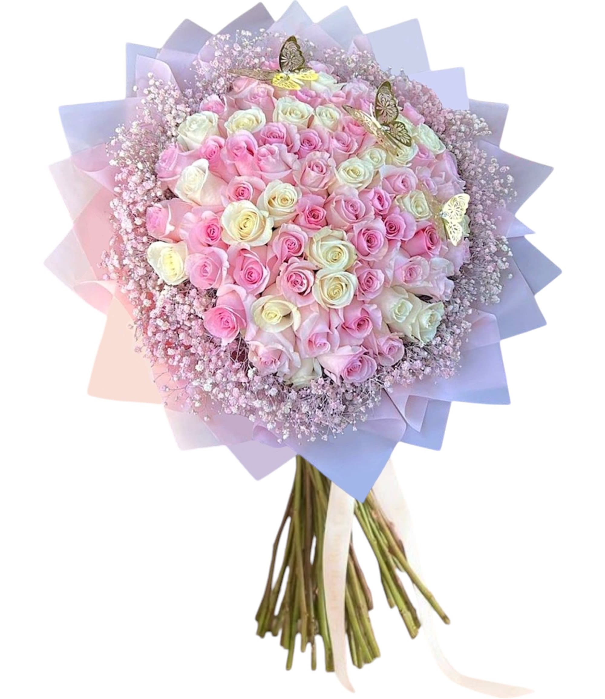 Gold Butterfly Pink and White Roses Ramo Buchon - Surprise them with a beautiful bouquet of pink and white roses wrapped in paper, accented with a tinted pink collar of baby's breath and three gold butterflies. They'll be dazzled by this beautiful gift - and impressed by your impeccable taste.  DETAILS Beautiful roses in pink and white, with baby's breath.  VASE NOT INCLUDED Orientation: All-Around Item #NF-502  FLORIST-TO-DOOR Same day flower delivery on most orders placed online by 12 pm or 10 am on weekends PST.  BLOOM DETAILS Roses Baby's Breath  The Standard Bouquet - 75 Roses (Shown) The Deluxe Bouquet - 100 Roses The Premium Bouquet - 125 Roses  How to place an order?  1. You can place an order directly on this secure website. OR 2. You can call in your order by dialing: (323) 262 - 9238 OR 3. You can visit our store (appointment recommended 323.262.9238)  NINFA'S FLOWERS 2405 WHITTIER BLVD. LOS ANGELES, CA. 90023  ATTENTION: *Please note that on busy holidays, Valentine's Day, and Mother's Day, we cannot verify if the recipient received the flowers until the following day. You can verify delivery on the website after 10:00 pm, call 323.262.9238 the following day after 10:00 am, or contact the recipient directly. Thank you for your patience and understanding.