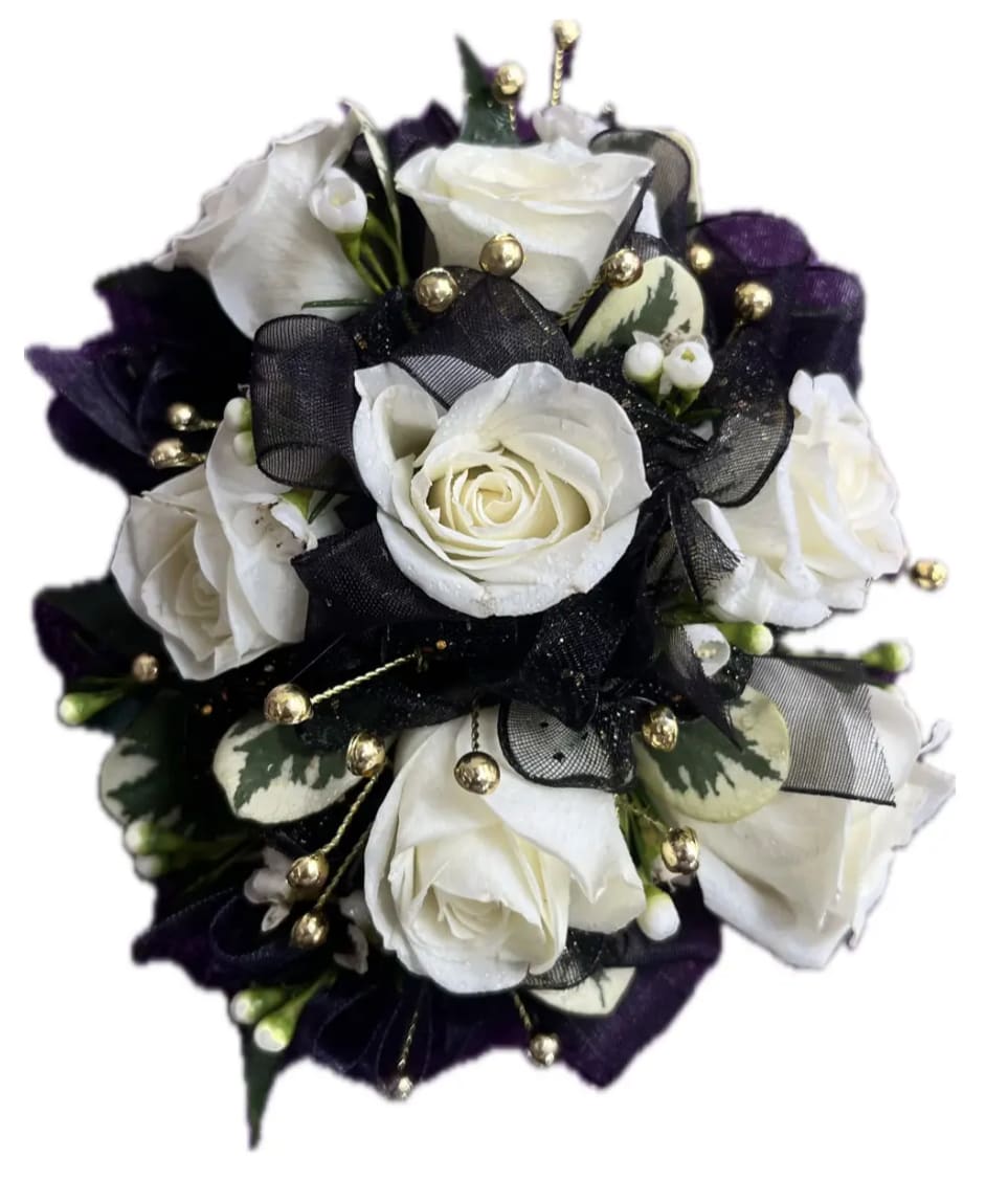 Black & Gold Glamour Corsage Black & Gold Glamour Corsage - White Spray Roses, Variegated Pittosporum, Black Sheer Ribbon with Gold Sparkle Detail, Gold Rhinestones