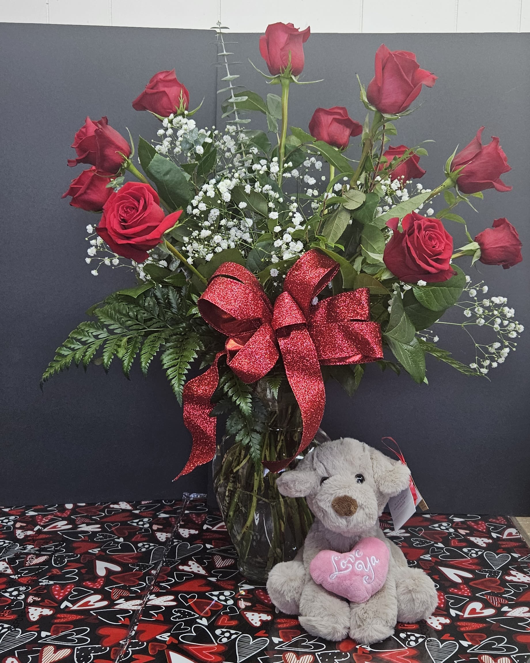 Love Bundle 6 - Dozen Red Roses and a Soft Love Ya Puppy