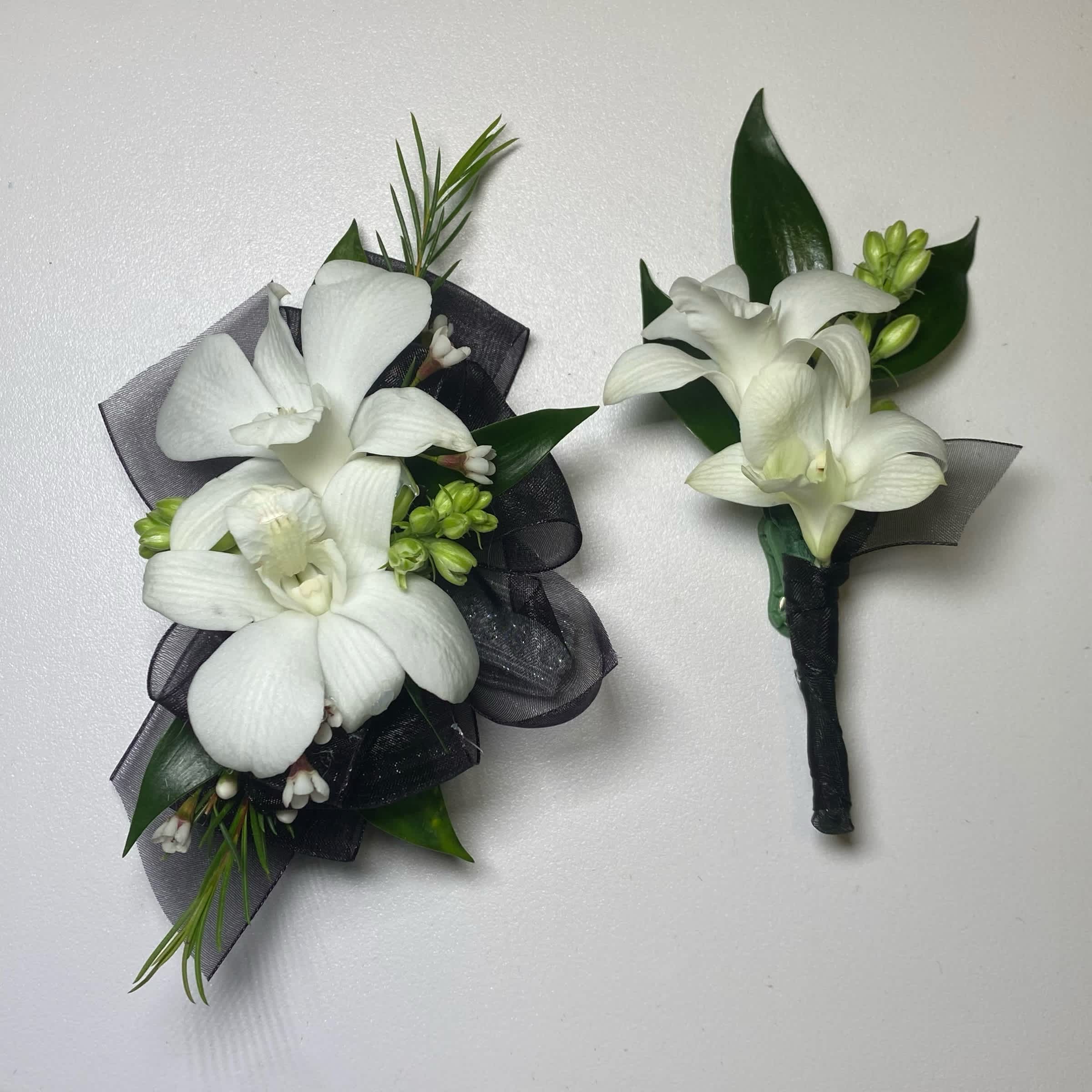 Black/ Double Dendrobium White Orchid Set - Prom/ Wedding - This Double Dendrobium White Orchid Corsage and Boutonniere Includes an Adult Size Elastic Wristband Corsage and Magnetic Boutonniere with Black Chiffon Ribbon. Or as Similar as Possible.