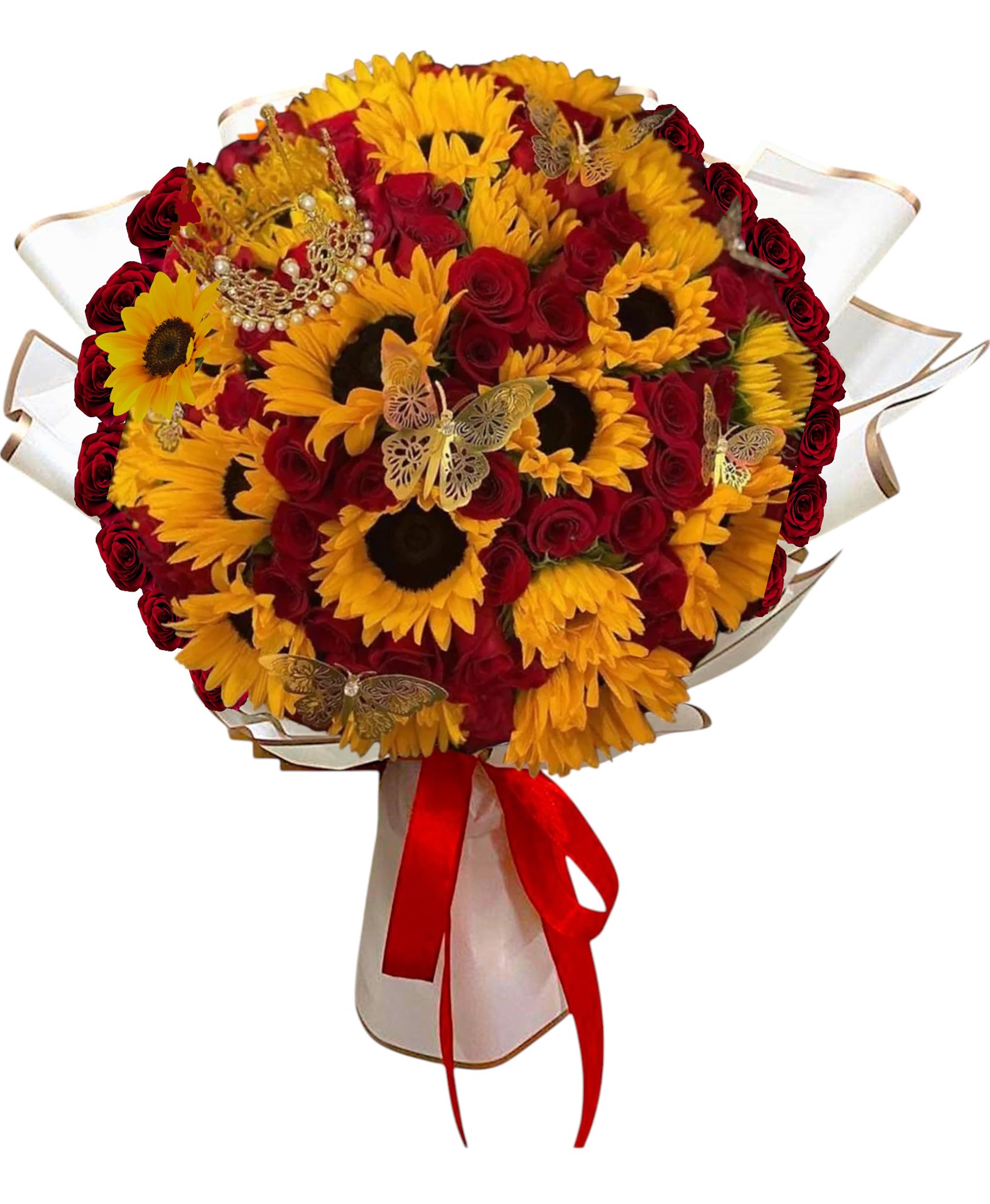 Faithful Love Ramo Buchon - Surprise them with a beautiful bunch of perfectly red roses, and yellow sunflowers, and decorated with 7 gold foil butterflies and a mini gold color crown. The bouquet is beautifully wrapped in paper and tied with a red satin ribbon. They'll be dazzled by this luxurious gift - and impressed by your impeccable taste.  DETAILS A bouquet of red beautiful roses with yellow sunflowers, wrapped in paper.   VASE NOT INCLUDED Orientation: All-Around Item #NF-513  FLORIST-TO-DOOR Same day flower delivery on most orders placed online by 12 pm or 10 am on weekends PST.  BLOOM DETAILS Roses Sunflowers  The Standard Bouquet - 75 Red Roses and 20 Yellow Sunflowers (SHOWN) The Deluxe Bouquet - 100 Red Roses and 25 Yellow Sunflowers The Premium Bouquet - 125 Red Roses and 30 Yellow Sunflowers  How to place an order? 1. You can place an order directly on this secure website OR 2. You can call in your order by dialing: (323) 262 - 9238 OR 3. You can visit our store (appointment recommended 323.262.9238)  NINFA'S FLOWERS 2405 WHITTIER BLVD. LOS ANGELES, CA. 90023  ATTENTION: *Please note that on busy holidays, Valentine's Day, and Mother's Day, we cannot verify if the recipient received the flowers until the following day. You can verify delivery on the website after 10:00 pm, call 323.262.9238 the following day after 10:00 am, or contact the recipient directly. Thank you for your patience and understanding.