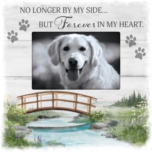 No Longer By My Side Frame No Longer By My Side Frame - Our Frames are designed, printed and packaged in the USA! Comprised of wood composite and glass with a keyhole hanger, these frames hold a 4" x 6" photo. W: 9.5" H: 9.5" D: 1.5" Reads "No longer by my side...But forever in my heart."