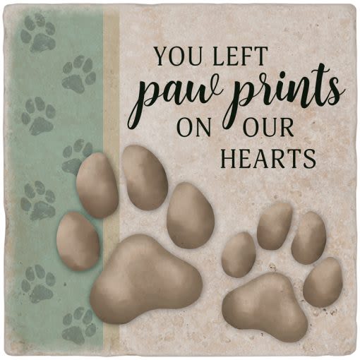 You Left Paw Prints On Our Hearts Travertine Paver You Left Paw Prints On Our Hearts Travertine Paver - Our travertine pavers are made of weather friendly natural stone. While we take great care in checking our stones for quality issues, some may include imperfections. W: 8" H: 8" D: 1" Features Paw Prints and "You left paw prints on our hearts." message Travertine is natural occurring limestone.