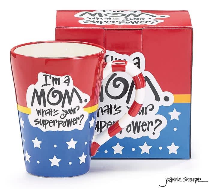 Wonder Mom!Celebrate the Supermom in Your Life! - Show your appreciation for the everyday hero in your life with our Wonder Woman Mom Mug, a perfect combination of style and sentiment. This hand-painted ceramic mug is designed to make any mom feel like the superhero she truly is. Ideal for gifting, it’s perfect for celebrating Mother’s Day, birthdays, or any special occasion.  The mug features a vibrant red top and blue bottom with iconic white stars, inspired by Wonder Woman’s legendary costume. Embossed on the front is the statement: “I’m a Mom. What’s your superpower?”—a celebration of her strength and dedication. A standout yellow band wraps around the center with an “M” design on the back, creating a bold and unique touch. Comes individually gift-boxed, making it a thoughtful and easy-to-give present. Practical Details: Dishwasher safe, microwave safe, and FDA approved for convenient, everyday use. Perfect for Any Occasion: This Wonder Woman-inspired gift for moms is perfect for Mother’s Day, birthdays, Christmas, or as a meaningful surprise to show how much she’s loved and appreciated.  Colors and variations may differ slightly due to availability, but your order will maintain the vibrant and high-quality design as pictured.  We proudly serve and deliver to DeLand, DeBary, Deltona, Cassadaga, Orange City, Lake Helen, Lake Mary, Sanford, Longwood, Casselberry, Altamonte Springs, Maitland, Winter Park, DeLeon, New Smyrna Beach, Daytona Beach, and surrounding areas.