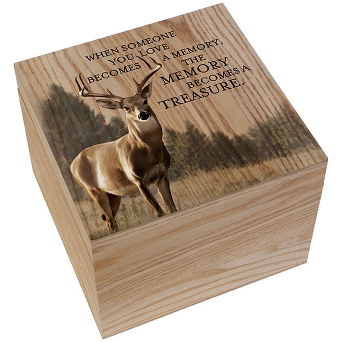 "Memory Treasure" Deer Memory Box "Memory Treasure" Deer Memory Box - These memory boxes are made of wood composite and come complete with a removable lid. The lid features full color artwork printed directly onto the wood. Designed and printed in the USA! Reads: "When someone you love becomes a memory, the memory becomes a treasure" W: 8" H: 6" D: 8" SKU: 24987