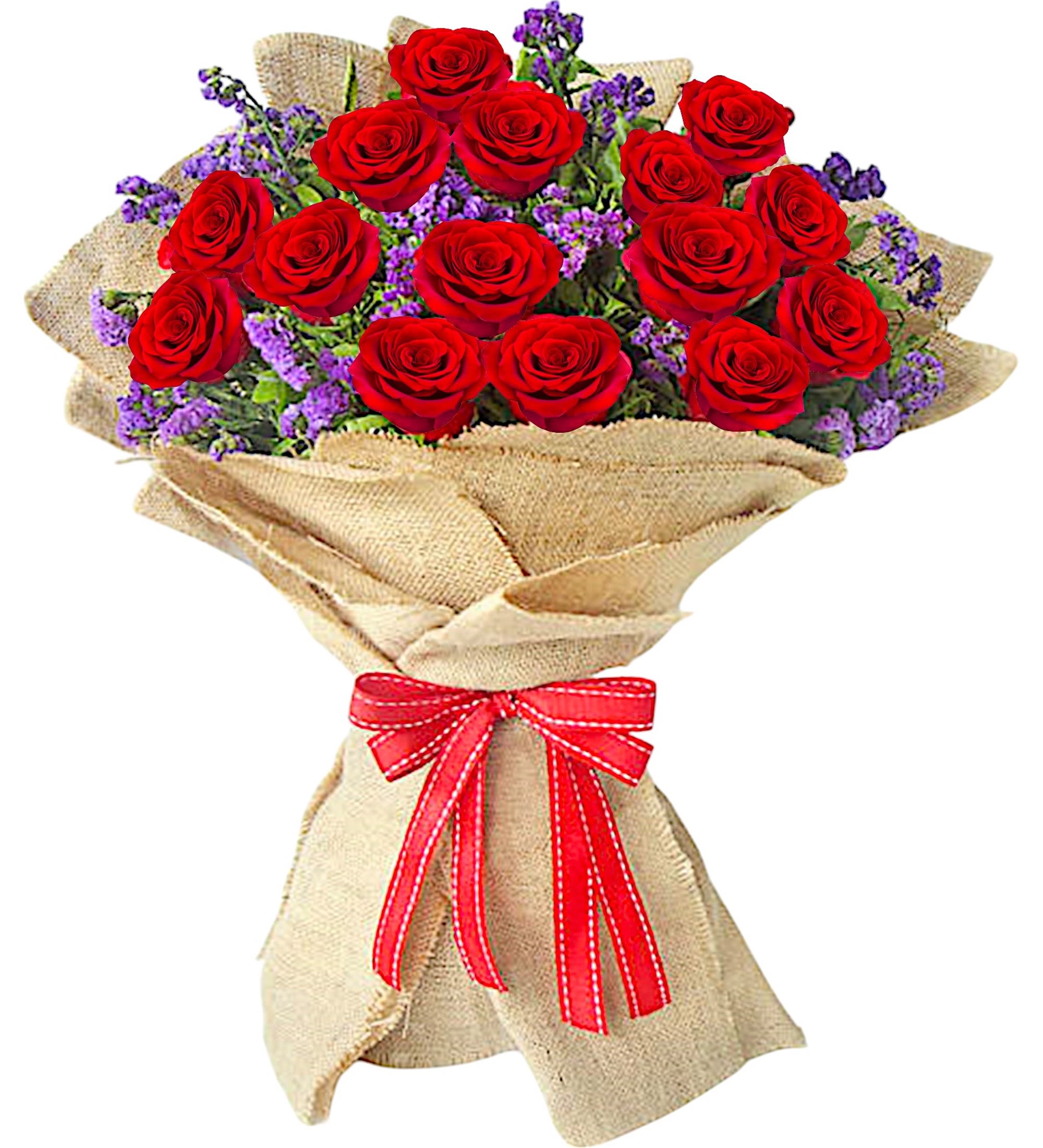 Enchanted Roses Bouquet - Surprise them with an Enchanted Roses Bouquet of red roses and purple statice wrapped in burlap. They'll be dazzled by this lovely, all-time favorite gift - and impressed by your impeccable taste.  DETAILS This bouquet of red roses with purple statice is accented with greens and wrapped in burlap for a beautiful presentation.   VASE NOT INCLUDED Orientation: One-Sided Item #NF-514  FLORIST-TO-DOOR Same day flower delivery on most orders placed online by 12 pm or 10 am on weekends PST.  BLOOM DETAILS Roses Statice Greenery  The Standard Bouquet - 15 Red Roses (SHOWN) The Deluxe Bouquet - 20 Red Roses  The Premium Bouquet - 25 Red Roses   How to place an order? 1. You can place an order directly on this secure website OR 2. You can call in your order by dialing: (323) 262 - 9238 OR 3. You can visit our store (appointment recommended 323.262.9238)  NINFA'S FLOWERS 2405 WHITTIER BLVD. LOS ANGELES, CA. 90023  ATTENTION: *Please note that on busy holidays, Valentine's Day, and Mother's Day, we cannot verify if the recipient received the flowers until the following day. You can verify delivery on the website after 10:00 pm, call 323.262.9238 the following day after 10:00 am, or contact the recipient directly. Thank you for your patience and understanding.