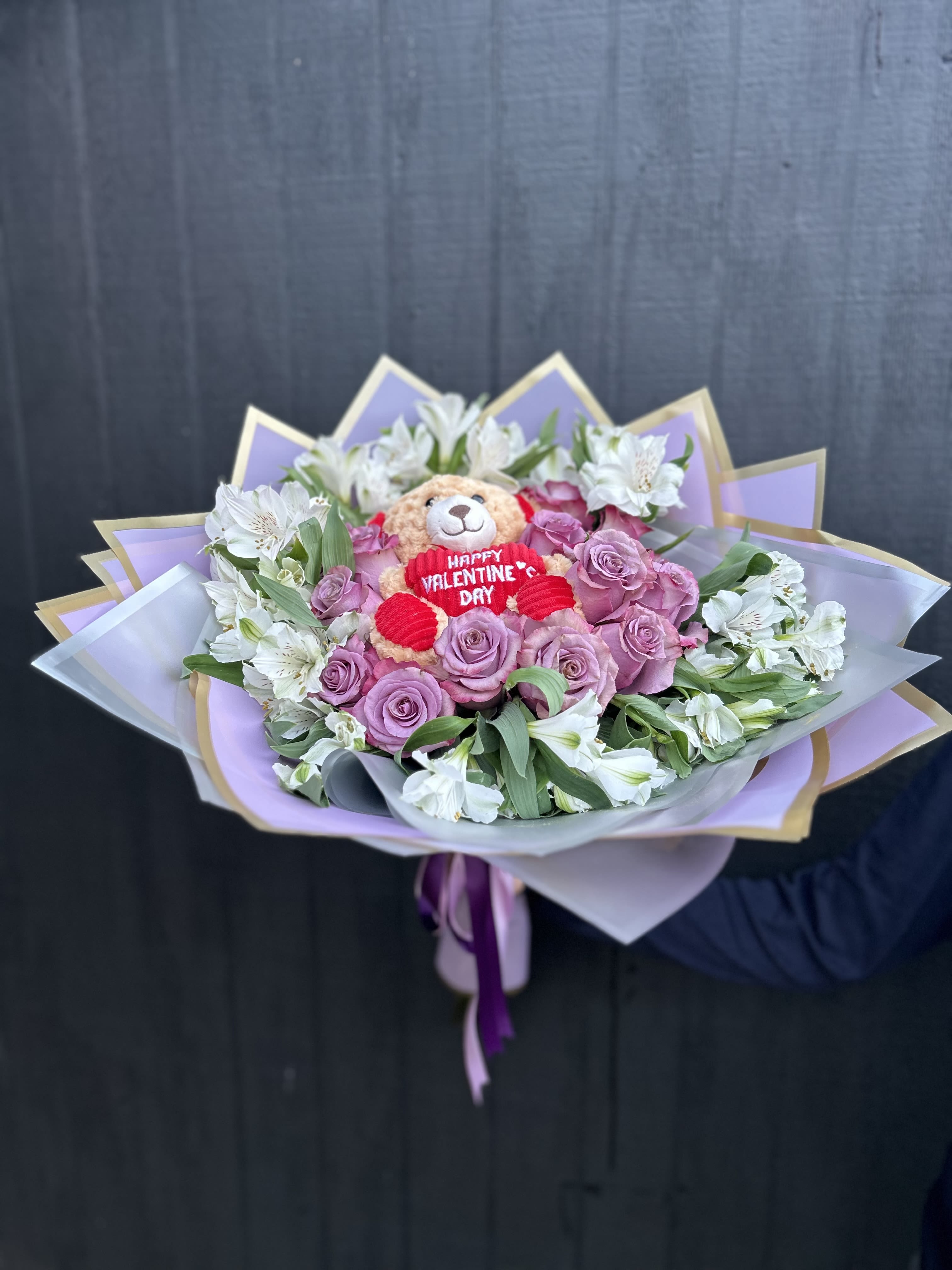 Wrap up my love bouquet  - Wrapped rose and alstroemeria bouquet with teddy in middle.  Can be made in color of choice, we just did a lavender and white look for inspiration.  All Valentines orders come with a complimentary Valentines greeting card.   Valentines Pre orders get priority delivery Valentines day~  