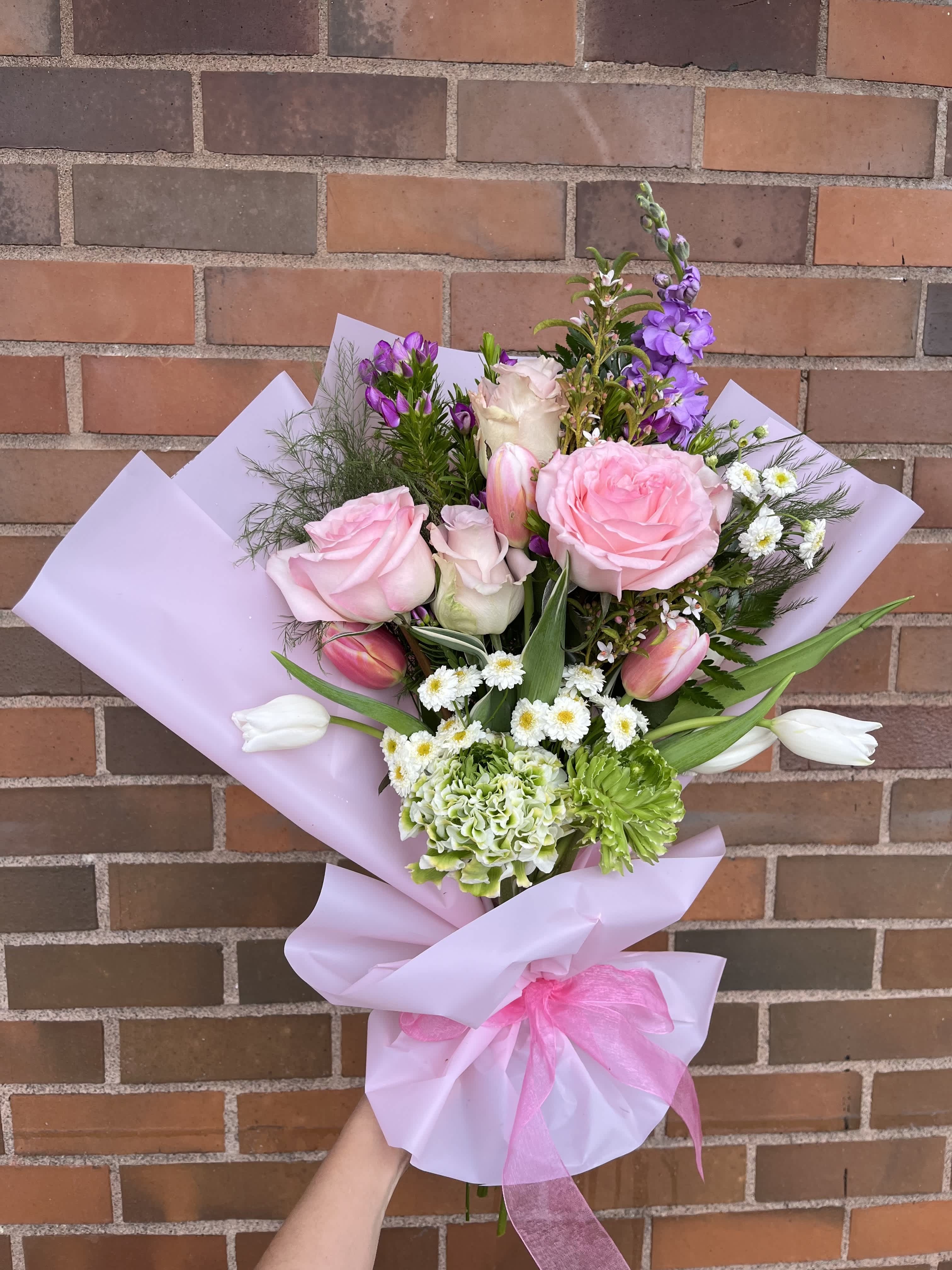 Designers choice hand Bouquet  - You choose the color theme, we arrange you something custom~    This designers choice will have roses, pretty greens, seasonal blooms, wrapped in Korean paper with a ribbon matching your color theme~   