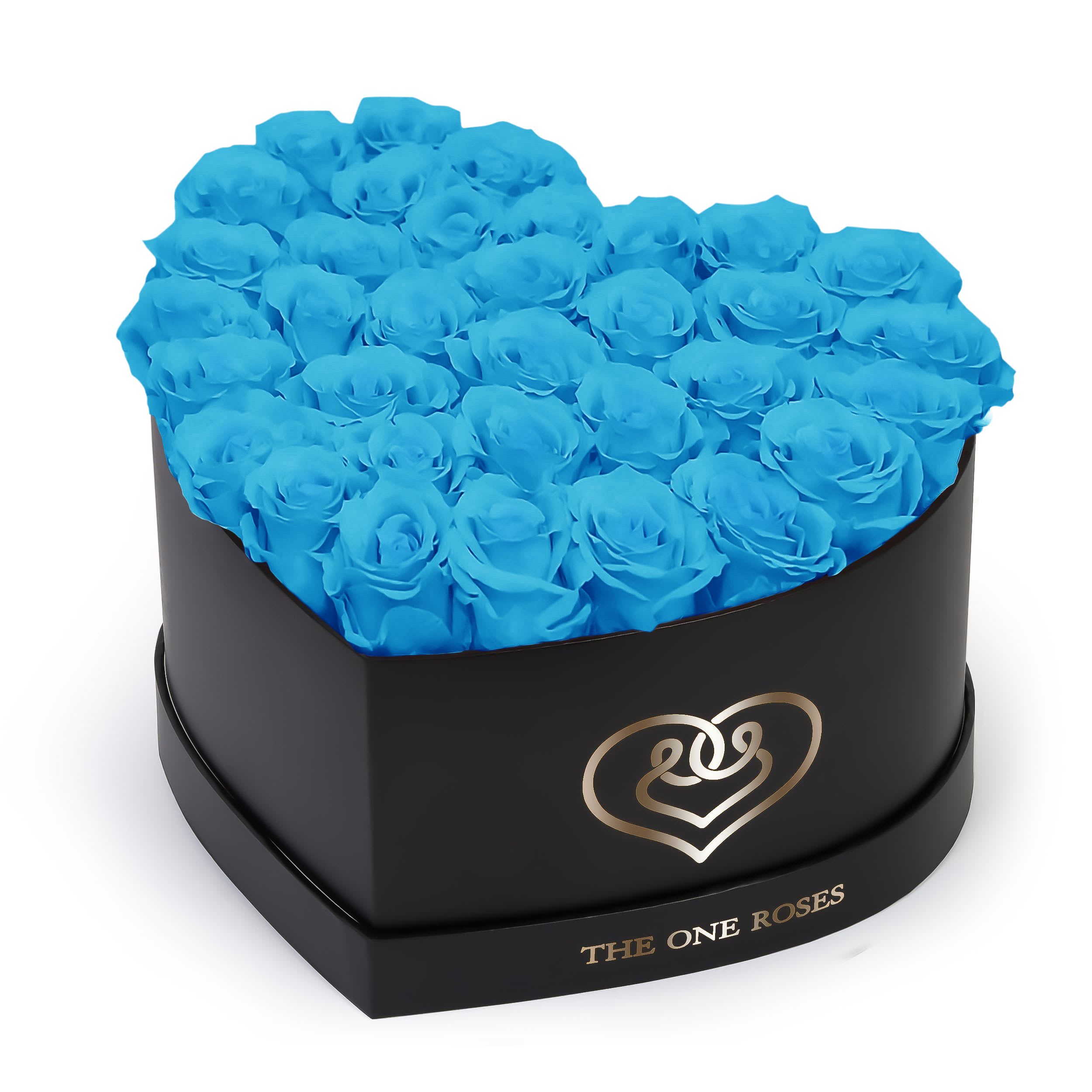Aqua Blue Roses | Black "Love" Box Aqua Blue Roses | Black "Love" Box - The "heart box collection" consists of unique, real preserved roses handcrafted, soft, and elegant heart box with a top. Luxury arrangement of about 31 stems of the one long lasting (med size) real preserved roses.  Durability: approx. 1-3 years.  Our roses, which are carefully sourced from the highest quality gardens in Ecuador, are made to represent the eternal yet ephemeral nature of Love itself. Our Roses are specially customized with essential oils to increase the fragrance.  Product Care: DO NOT Water the roses! AVOID direct exposure to sunlight. Keep the arrangement in a room-temperature environment. If dust collects after a few months, remove it lightly using a duster. DO NOT place anything onto the roses as they can crush and damage the roses. DO NOT remove the roses from the box; they are secure and happy there. DO NOT allow roses to have direct contact with light colored fabric or surfaces, as staining may occur. The lid is meant to stay on the side or bottom of the box. Be mindful when carrying the arrangement: it's a very delicate product!