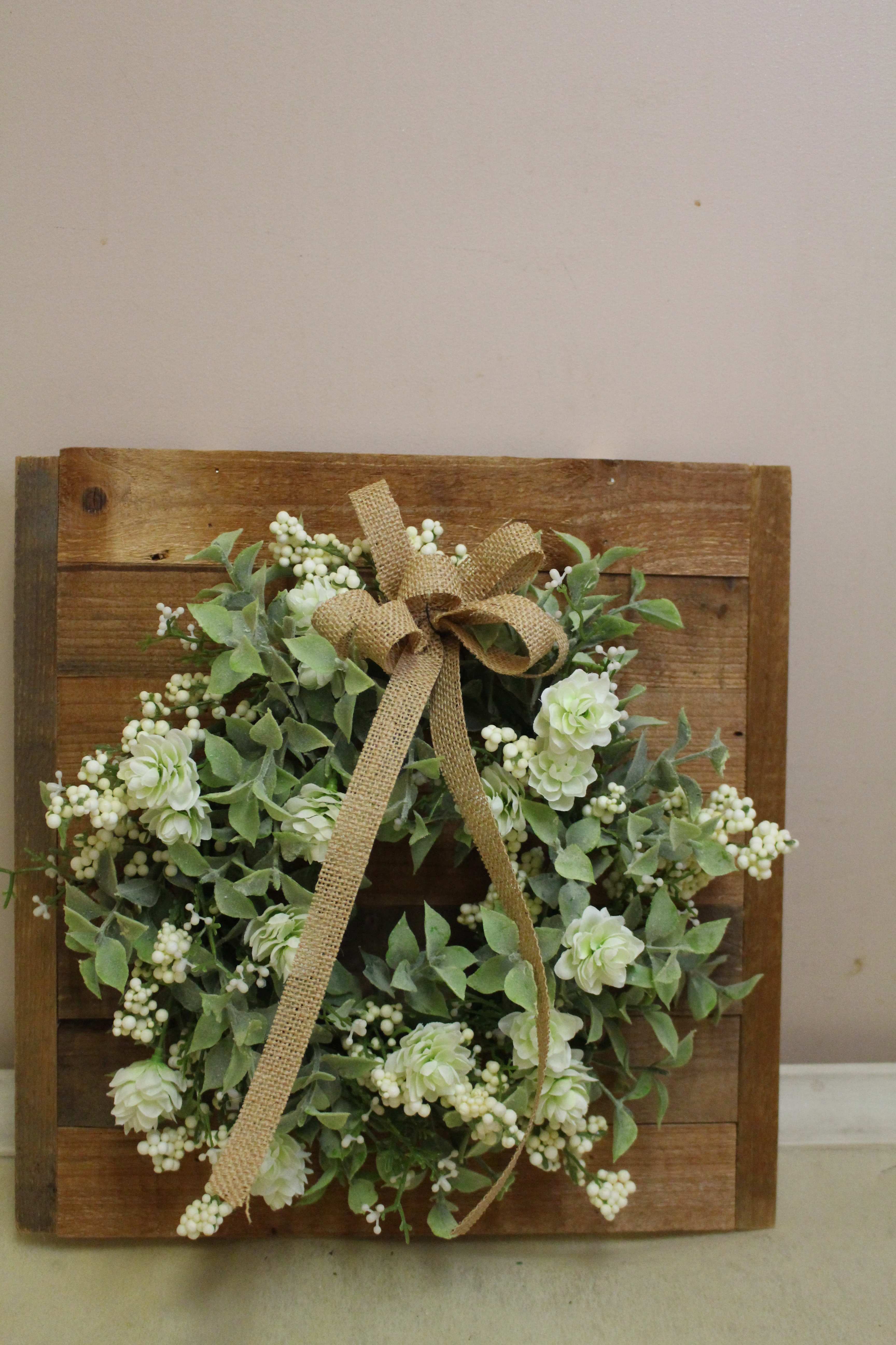 wooden Eucalyptus wreath permanent - A wooden board hold a eucalyptus wreath  13.5 x 14.5