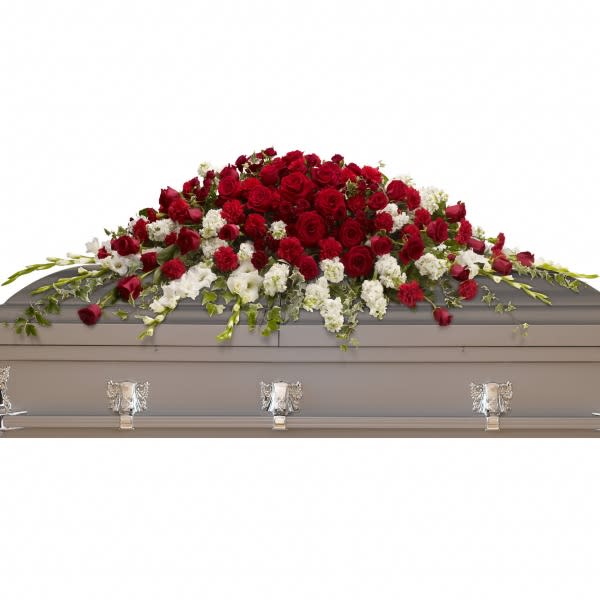 Garden of Grandeur Casket Spray Garden of Grandeur Casket Spray - Red Roses, Red Carnations, White Stock, White Snapdragon