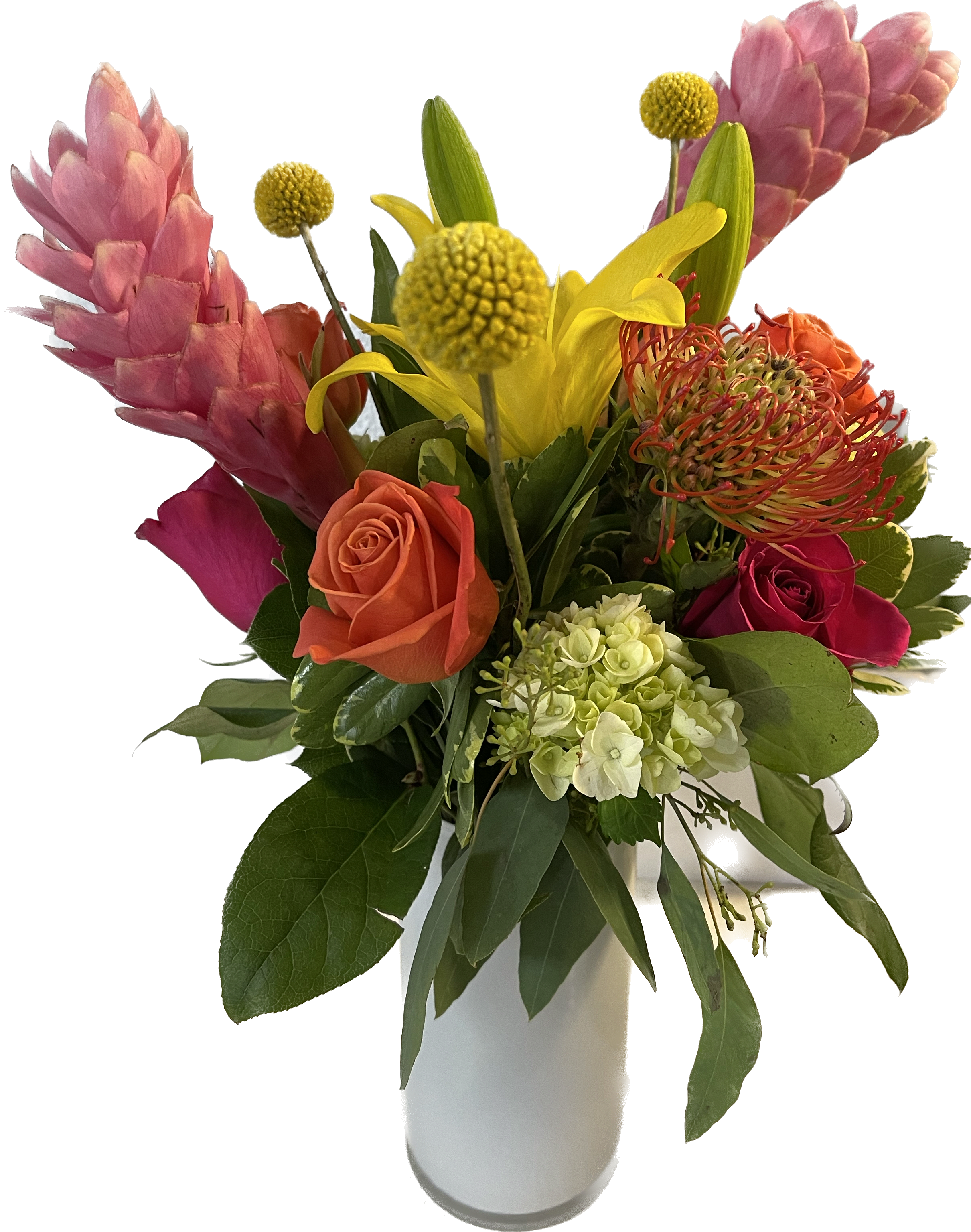 Ginger Ginger - Stunning arrangement in tall white glass cylinder of pink ginger, tropical colored roses, lilies, mini hdrangea, billy balls and pin cushions....so fun!!!