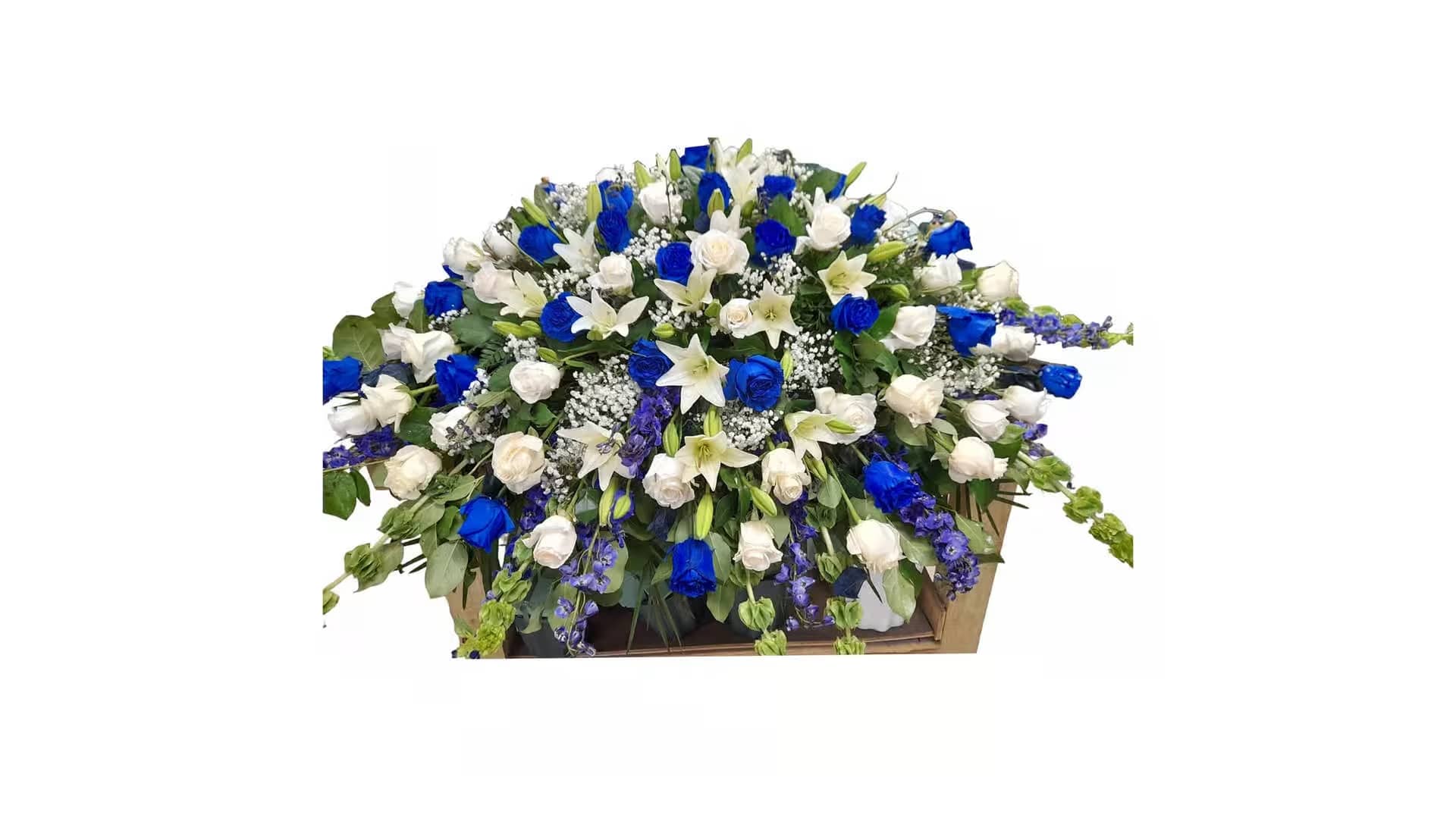 Blue Tranquility  casket  - blue tranquility&quot; is a casket flower arrangement designed to bring peace and serenity to the final farewell. This arrangement blends a mixture of white and blue roses with a selection of white and green flowers from various species. Accompanied by a casket stand, it serves as a beautiful and respectful tribute, honoring your loved one's memory with grace and dignity.