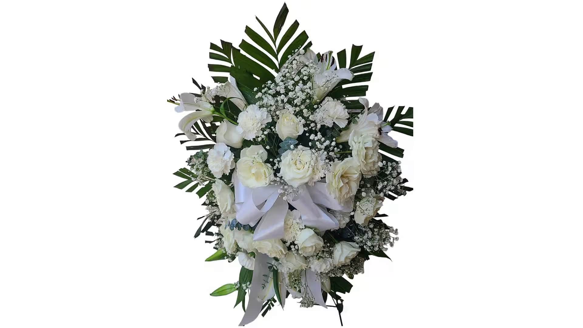 Delicate Sympathy - In moments of grief and remembrance, the beauty of flowers can offer solace and convey the depth of your emotions. Our &quot;delicate sympathy&quot; funeral flower arrangement is a tender expression of condolences, carefully composed with an array of white blossoms, baby's breath, and spray roses. This elegant arrangement includes a white ribbon for a touch of grace and a sturdy metal stand for display. We understand that each tribute is unique, and delicate sympathy can be customized to suit your preferences and to honor the memory of your loved one. Whether you wish to include a special message, select specific flowers, or adjust the arrangement's size, our team is here to assist you in creating a truly meaningful tribute. In honor of your loved one's memory, let &quot;delicate sympathy&quot; be a poignant and meaningful expression of your condolences. Order your delicate sympathy funeral flower arrangement with stand today and offer a heartfelt tribute that beautifully reflects your sentiments.