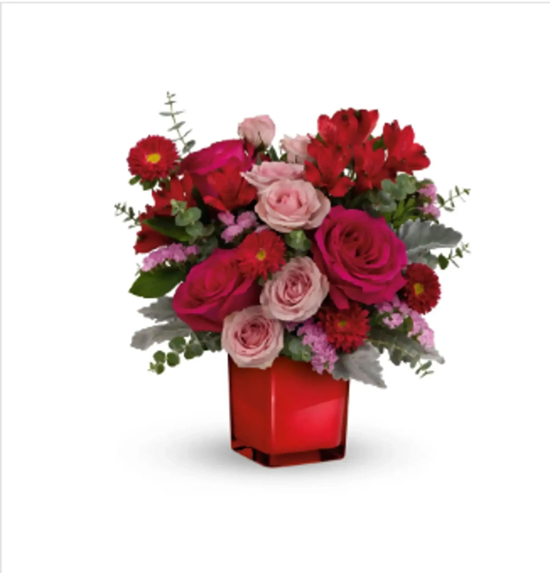 Elegant Petals - Introducing &quot;Elegant Petals,&quot; a sophisticated floral arrangement that marries the deep hues of hot pink roses and pink spray roses with the richness of red alstroemeria and red matsumoto asters. This exquisite composition is beautifully complemented by the delicate accents of pink sinuata statice, dusty miller, and spiral eucalyptus. &quot;Elegant Petals&quot; is a true embodiment of elegance and a wonderful choice to convey your heartfelt sentiments for any special occasion. Vase may vary and reasonable flower substitutions may be required due to seasonal availability.