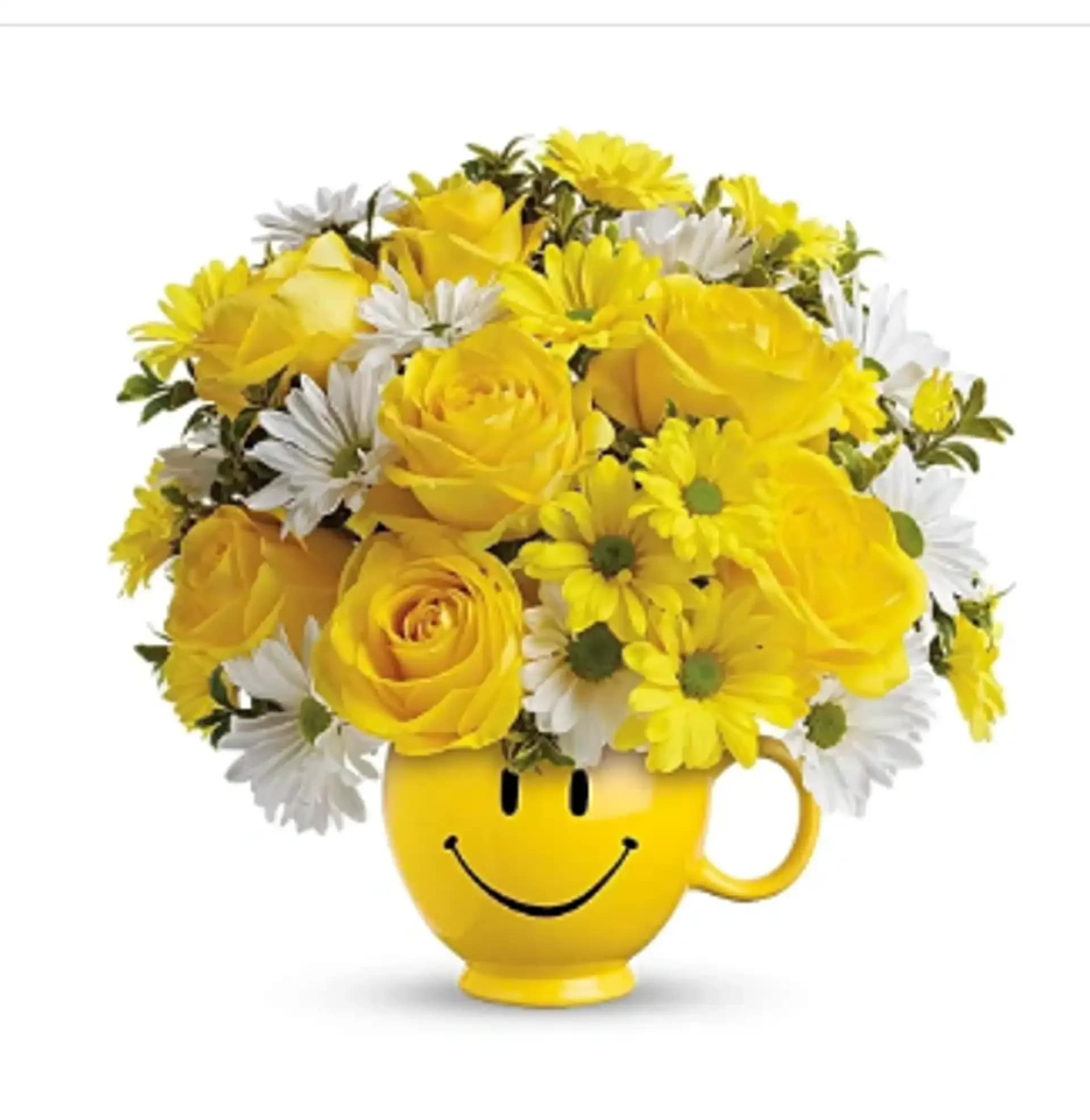 Yellow Happiness  - Yellow Happiness&quot; is a radiant flower arrangement, featuring cheerful yellow roses, daisy spray chrysanthemums in yellow and white, and accents of oregonia. This arrangement is a joyful expression of happiness, making it the perfect choice to celebrate a special moment. Share the sunshine of &quot;Yellow Happiness&quot; and make the day truly unforgettable. Vase may vary and reasonable flower substitutions may be required due to seasonal availability. 