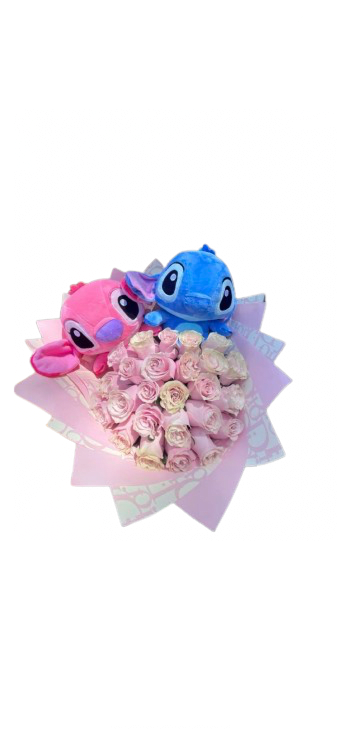 Stitch and Angel Bouquet - 25 Roses and your choice of the following:   Stitch and or Angel Plush.  Pink Dior Wrapping Paper, Solid Pink, Solid Blue Wrapping Paper or Customized Stitch Wrapping Paper. (Available in Blue, Pink or white. )  Additional toppers can be added by request. 