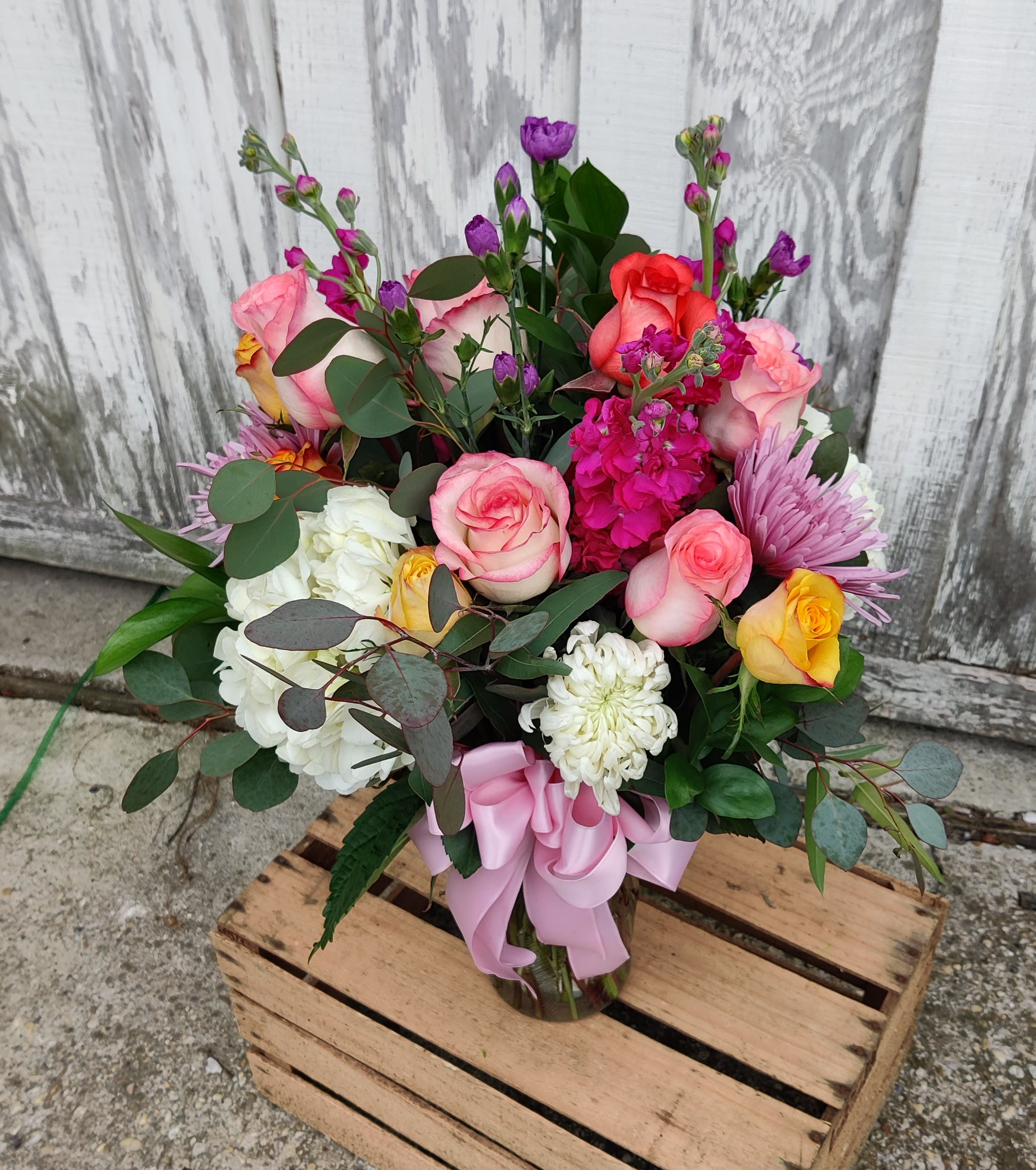 Dozen Rose Vase  - Send love with a dozen mixed roses, mums, hydrangeas and stock. 