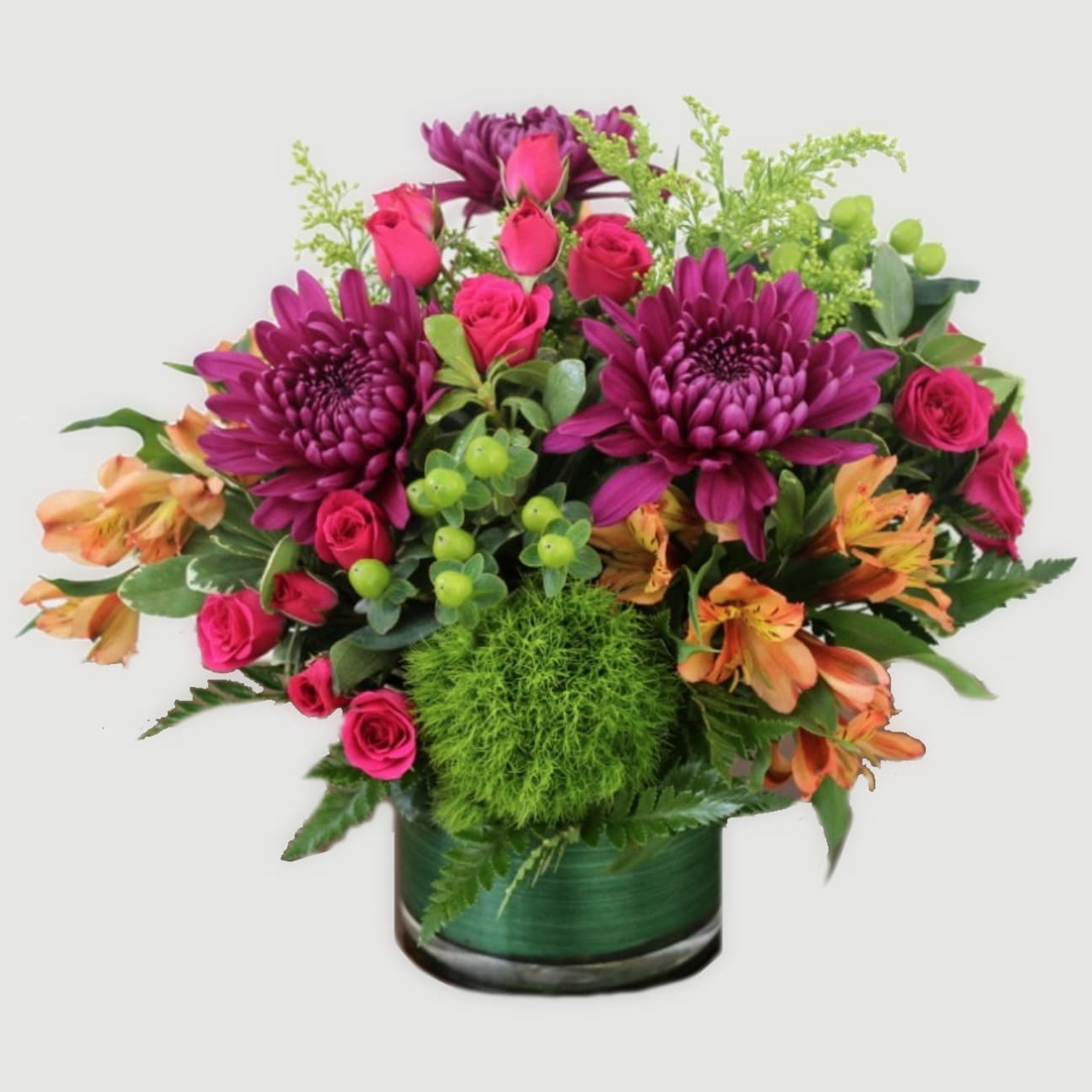 Rainbow Garden Rainbow Garden - The Rainbow Garden Bouquet is a celebration of vibrant garden flowers. Our designers create a lush bouquet of chrysanthemums, roses, and dianthus. We fill the bouquet with shades of pink, purple and green. We design the English Garden Bouquet in a glass vase. Any Recipient will enjoy this bouquet on the kitchen table or coffee table.