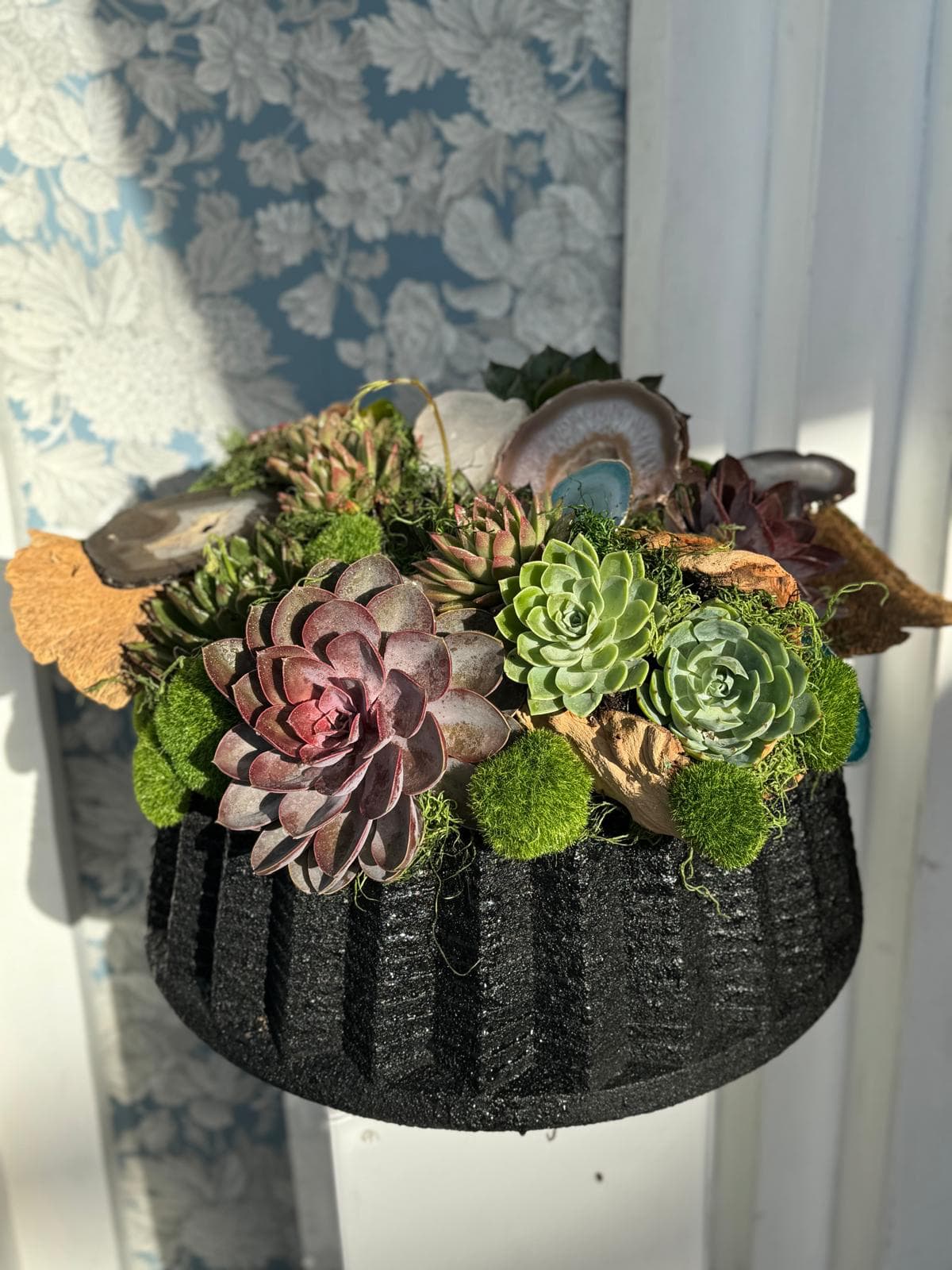 Crystal Succulents  - This succulent floral design is a striking, energy-enhancing arrangement featuring a selection of vibrant succulents in various sizes, all nestled together in a sleek, large black container. The dark, matte finish of the container provides a bold contrast to the lush, green tones of the plants, making them pop with natural beauty. Interspersed throughout the design is carefully chosen crystals. 