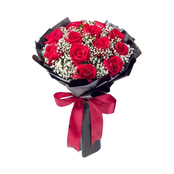 DOZEN LOOSE ROSES DOZEN LOOSE ROSES - 12 long stem red roses with baby breaths and greens black wrapping paper