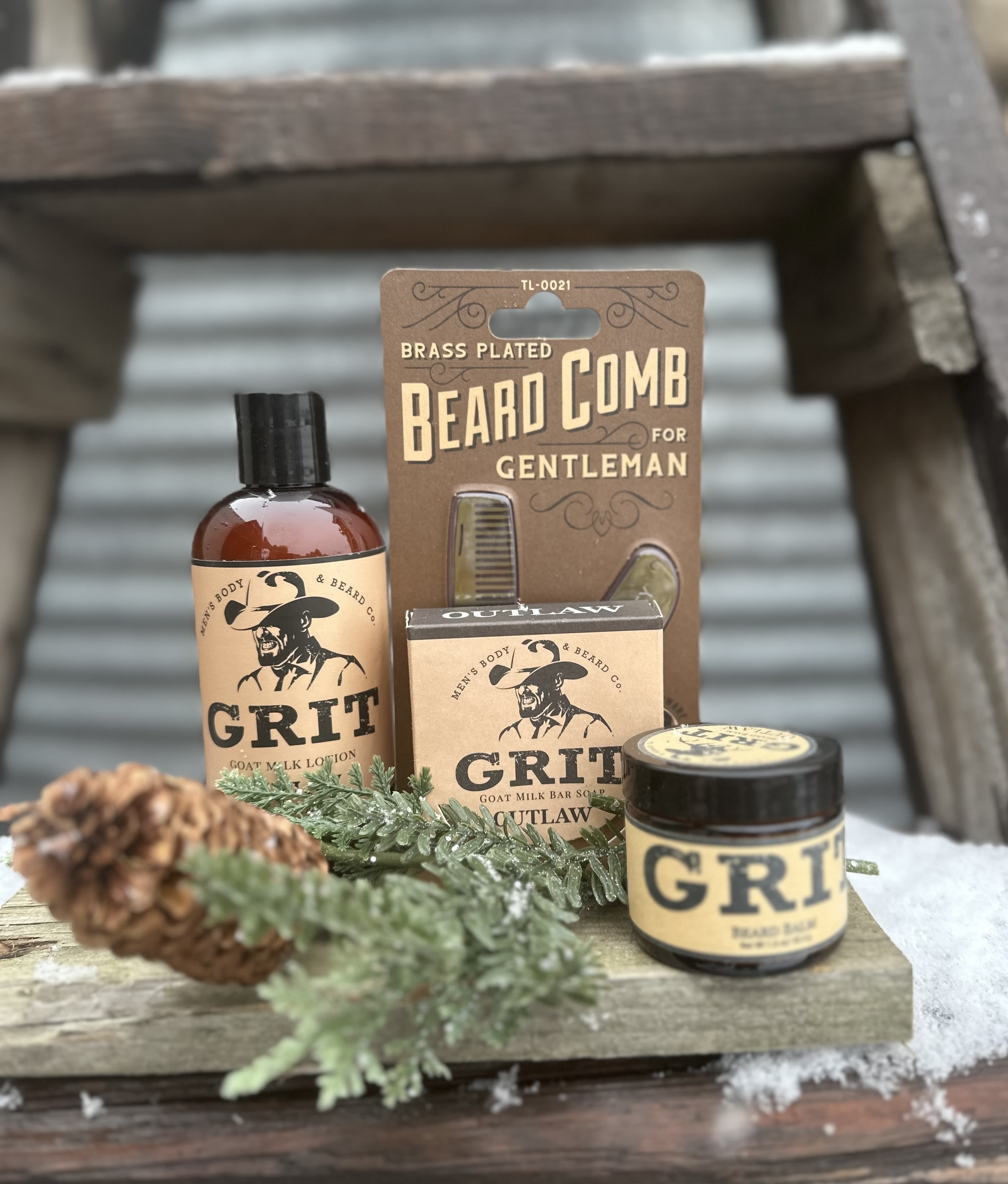 GRIT for Men  - Your guy will love this addition to his daily grooming perfect for everyday soft masculine scent will stay all day set includes beard balm, beard oil, moisturizing lotion, soap and a stylish brass comb.