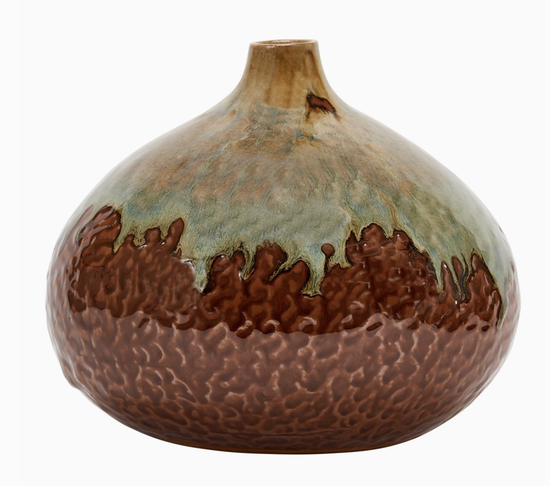 Handmade Earth Tone Vase - This Handmade Earth Tone Vase is a stunning example of original Thai craftsmanship. Handcrafted with care, it features rich earth tones finished with a striking two-toned glacier green glaze, creating a unique and sophisticated look. Perfect as an accent piece in any room, or complement its beauty by adding your favorite blooms, this vase is truly a work of art. At 6&quot;H x 7&quot;D, its elegant size and design make it a statement piece that will elevate any space.  Handmade in Thailand and exclusively available at Chartreuse by Roje in San Francisco, this vase is a timeless addition to your home, radiating both artistry and luxury.