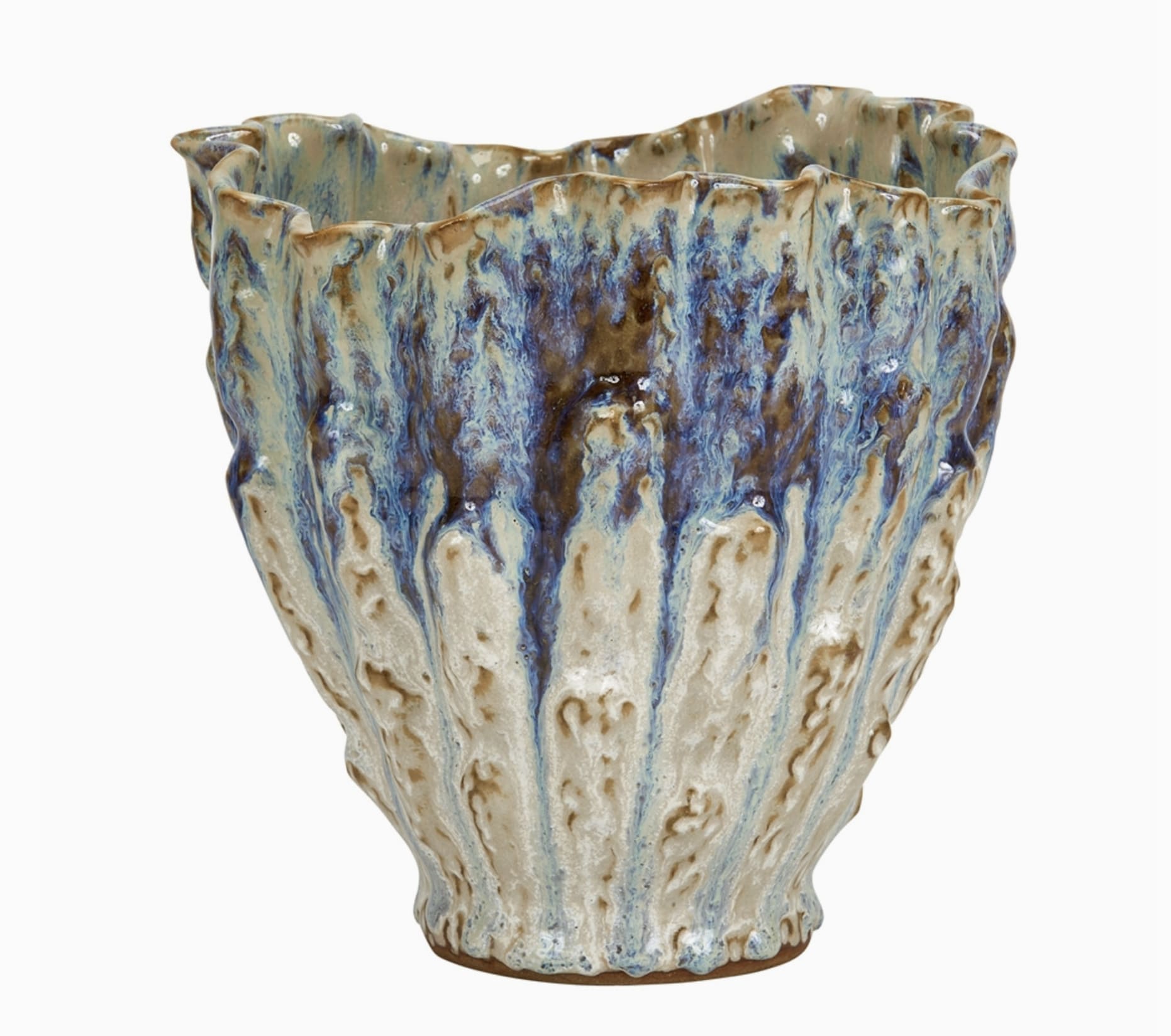 Oyster White &amp; Indigo Blue Vase - The Oyster White &amp; Indigo Blue Vase is a handcrafted masterpiece from Thailand, showcasing exquisite craftsmanship. Finished with a stunning two-toned indigo blue glaze over a serene oyster white base, this vase radiates timeless elegance and modern sophistication. Whether displayed as a captivating accent piece or filled with your favorite florals, it brings refined beauty to any space. At 7.5&quot;H x 7&quot;D, its perfect proportions make it a bold statement in any room.  Handmade in Thailand and exclusively available at Chartreuse by Roje in San Francisco, this vase is a true work of art, adding both luxury and artistry to your home.