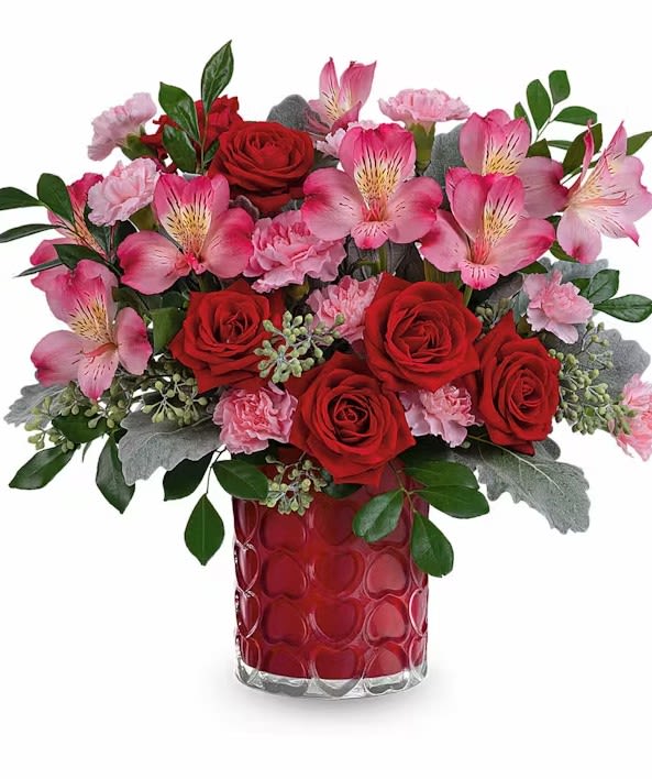 Forever My Love Forever My Love - This delightful bouquet adds an extra touch of magic to their Valentine's Day when filled with stunning red and pink flowers. This Valentine's Day arrangement features red spray roses, pink alstroemeria, and miniature light pink carnations, complemented by dusty miller, seeded eucalyptus, and huckleberry.