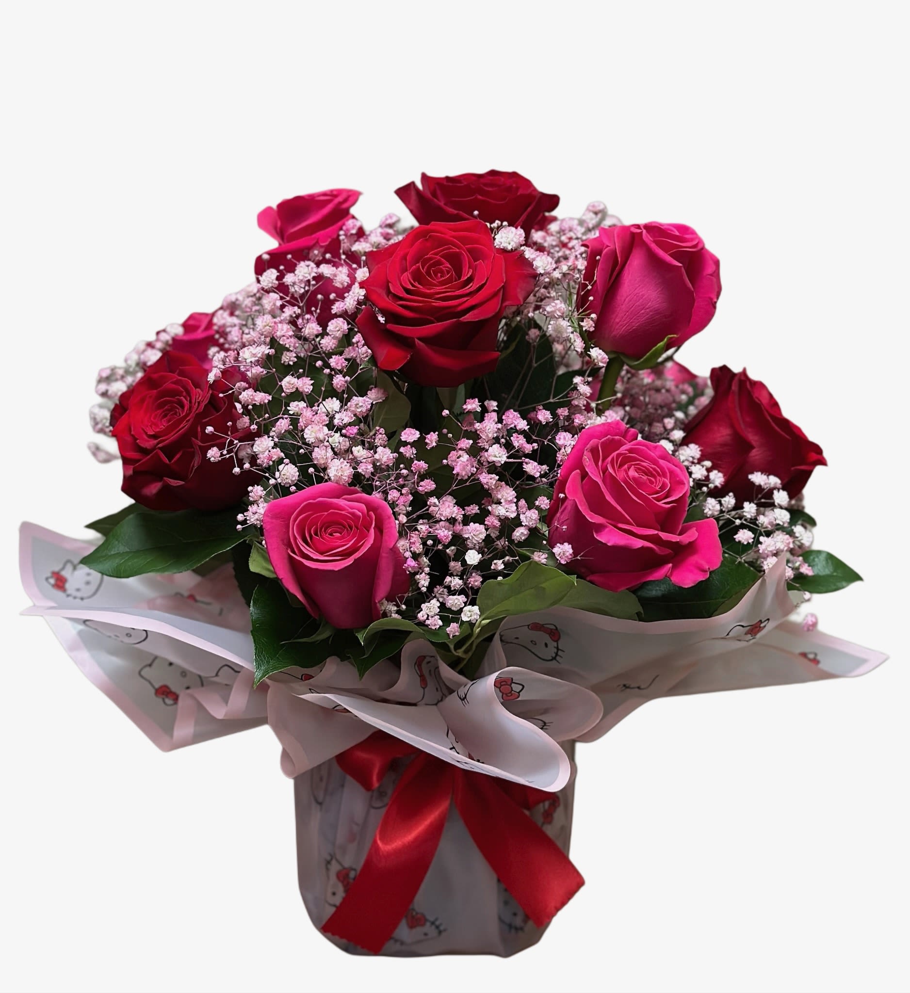 Classic Love Bouquet Classic Love Bouquet - 12 red and pink roses with pinkish baby's breath with ribbon
