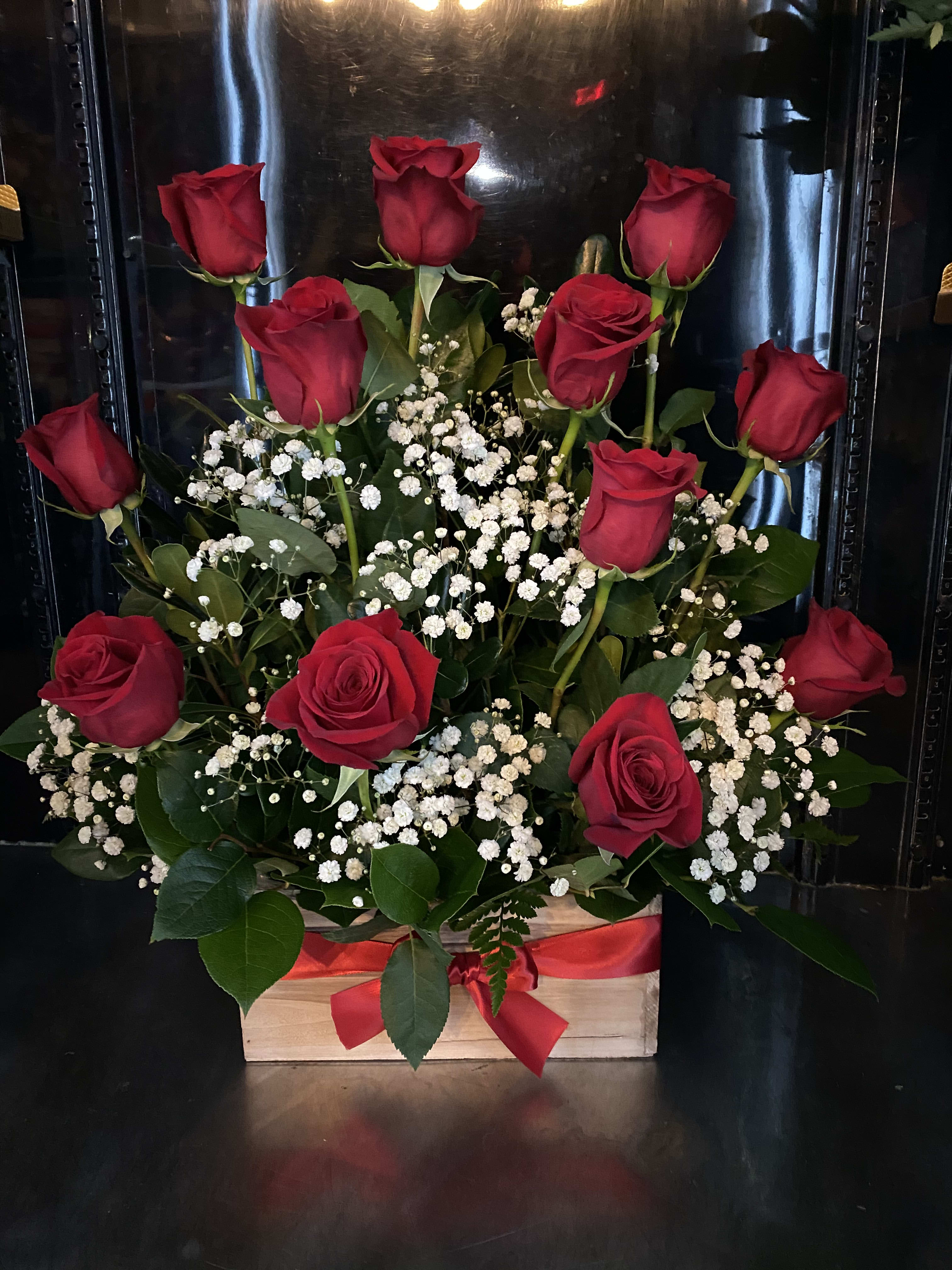 Eternal Love - Dozen red roses with baby's breath in wooden box with red ribbon.