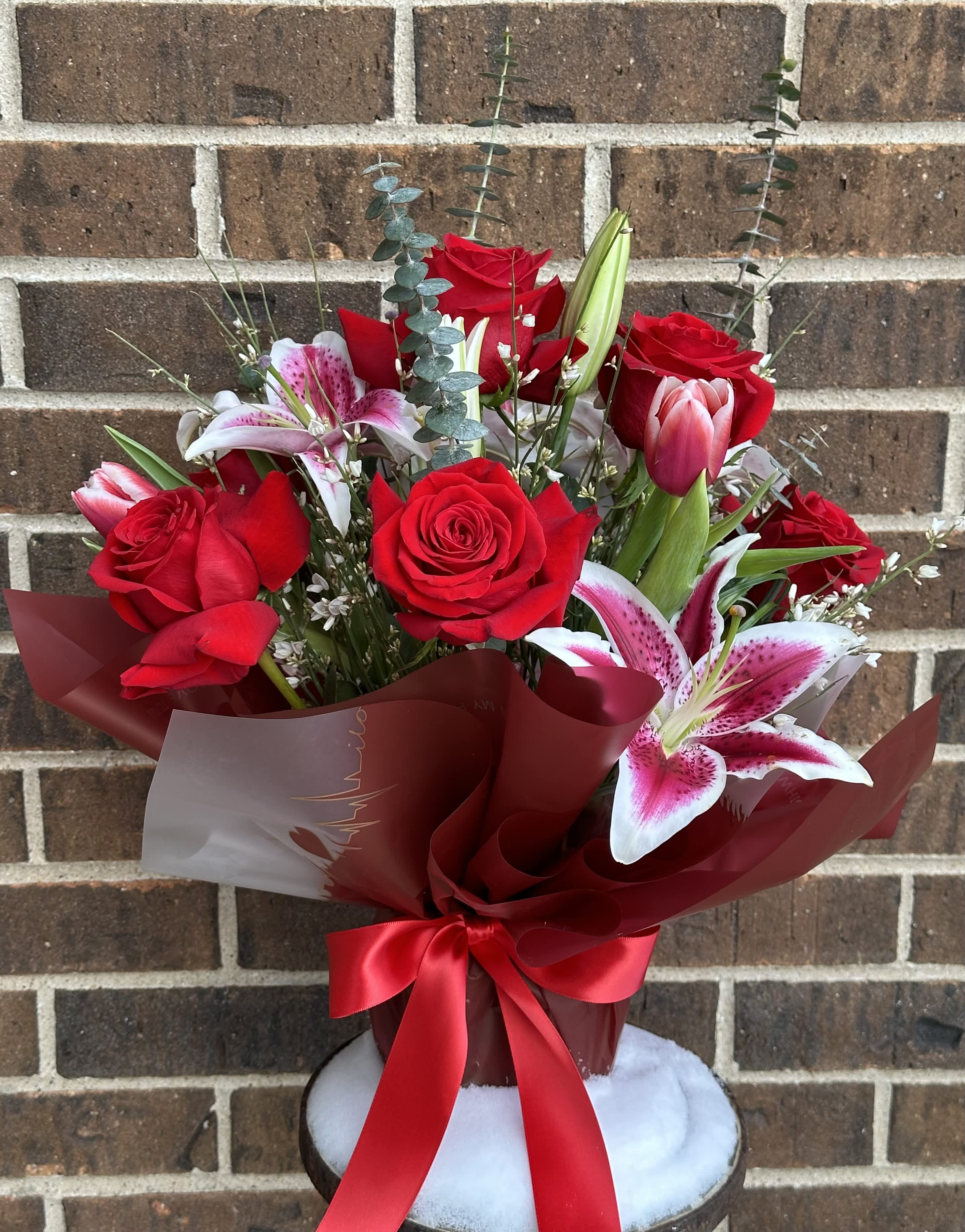 Royal Red Bouquet Royal Red Bouquet - Roses ,tulips, starfighter lily , baby blue eucalyptus, white ginestra in a bouquet