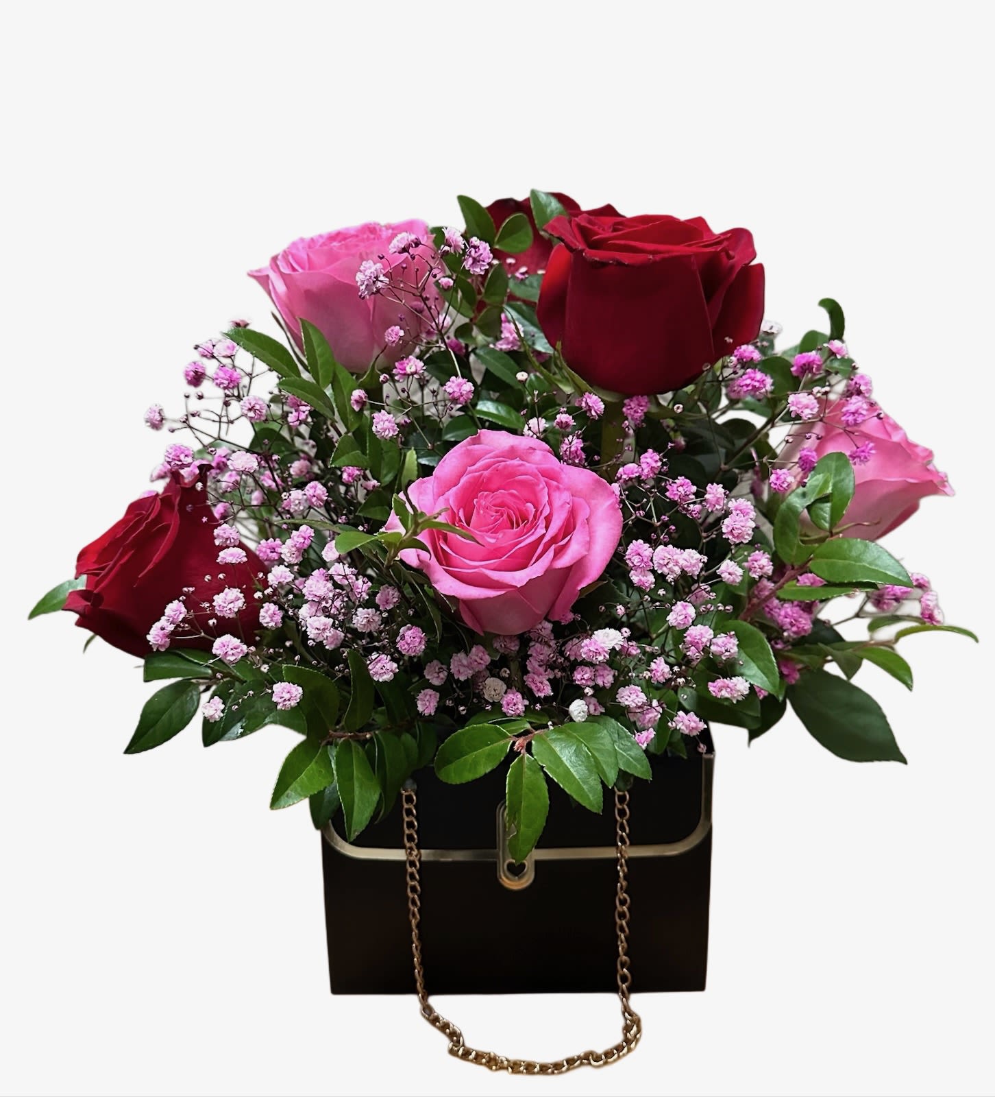Stylish Rose in a bag - 6 roses with baby's breathe in stylish purse container 