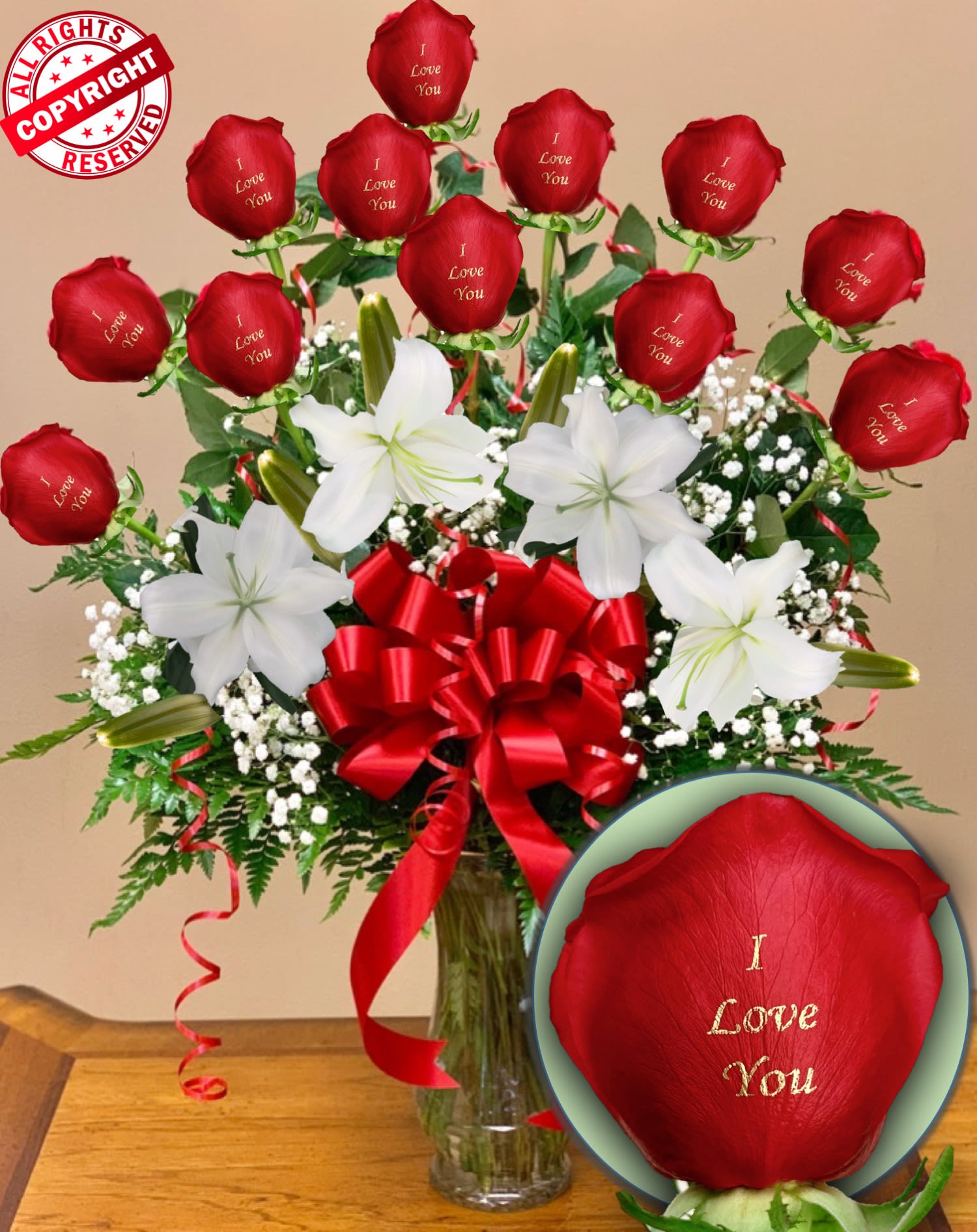 ,, Power of Love ''  Bouquet - One dozen long stem roses each individually rose personalized with the message as shown, will arrive arranged in a glass vase, white lilies, greens, filler, bow. VIP Floral Designs uses only the highest quality roses. To customize with your own message, please call direct to our shop at 1866-739-8731; 702-873-8731 or send an email to: vipfloraldesigns@aol.com with your order number.