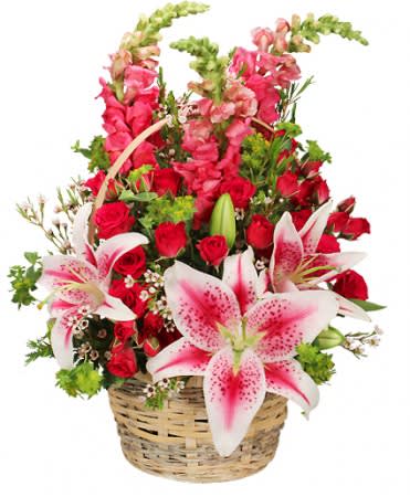 100% Lovable Basket of Flowers 100% Lovable Basket of Flowers - This attractive basket of flowers is a wonderful way to say, "I love you!" With Stargazer lilies, pink snapdragons, white waxflower, and red mini spray roses, 100% Loveable is full of color and passion. This alluring bouquet will have them giving you all their love! Remember, some flowers or containers may be substituted depending on current availability.