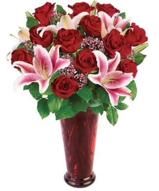 Lasting Romance Bouquet Lasting Romance Bouquet - Make this Valentine’s Day one to remember with this stunning art glass piece, wrapped in a ribbon of crimson glass and filled with flowers that will send the message of just how much you care!