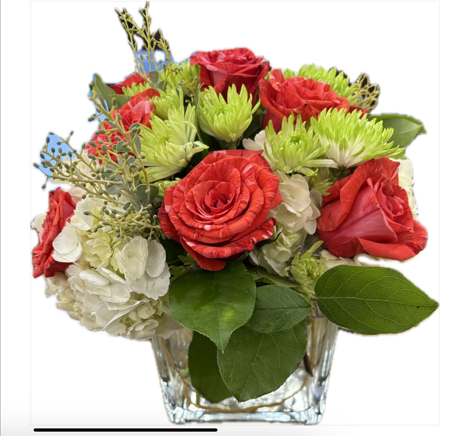 Tangy fun - Dozen orange roses, greens and White hydrangeas in a short square vase.