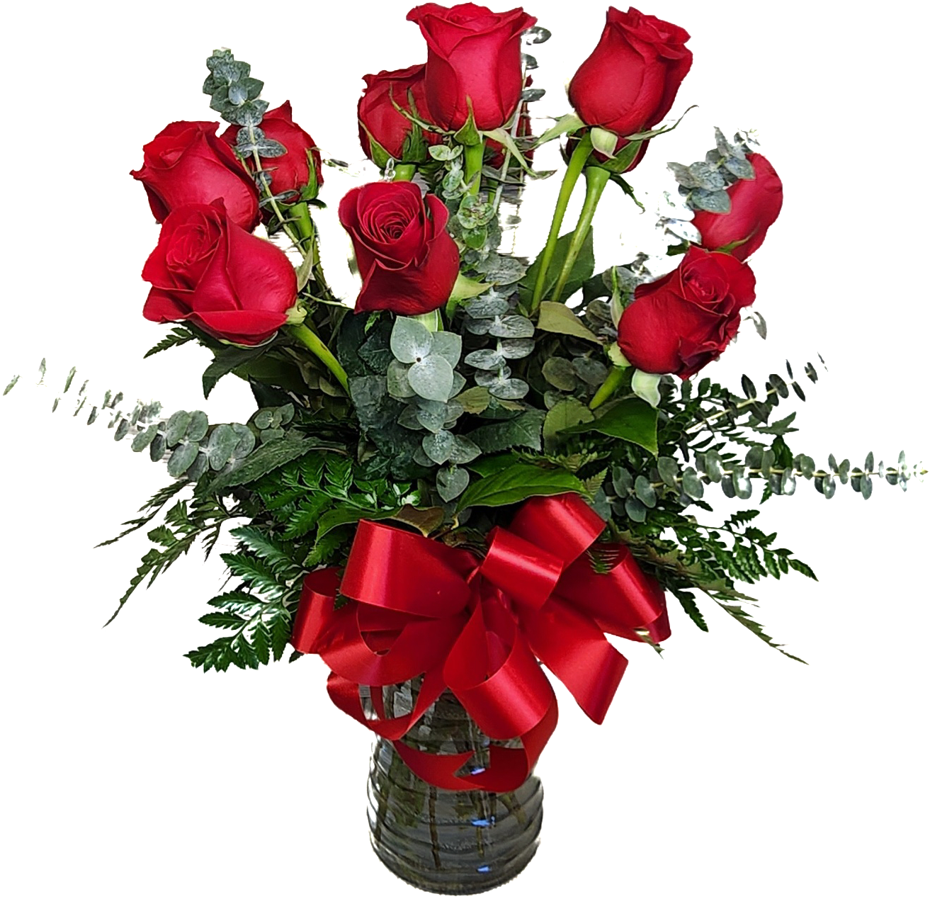 One Dozen Long Stem Red Rose Arrangement - 12 Red Roses Arranged in a Vase. Red Roses, Leather Leaf, Salal, Eucalyptus. Baby's Breath added upon request.