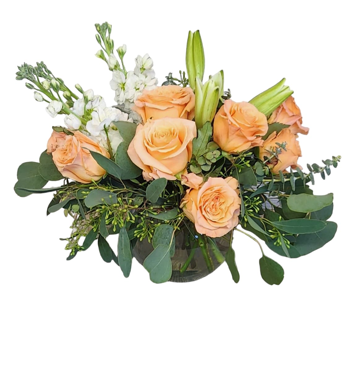 Sweet Sugar - Sweet Sugar is the most whimsical way to sweeten somebody's day. This beautiful boho arrangement with eucalyptus, peach roses, and white ranunculus in a moon shaped vase elevates any space. Perfect for Women's Day, Mother's Day, or any birthday.   APPROXIMATE DIMENSIONS: 22&quot; W x 20&quot; H