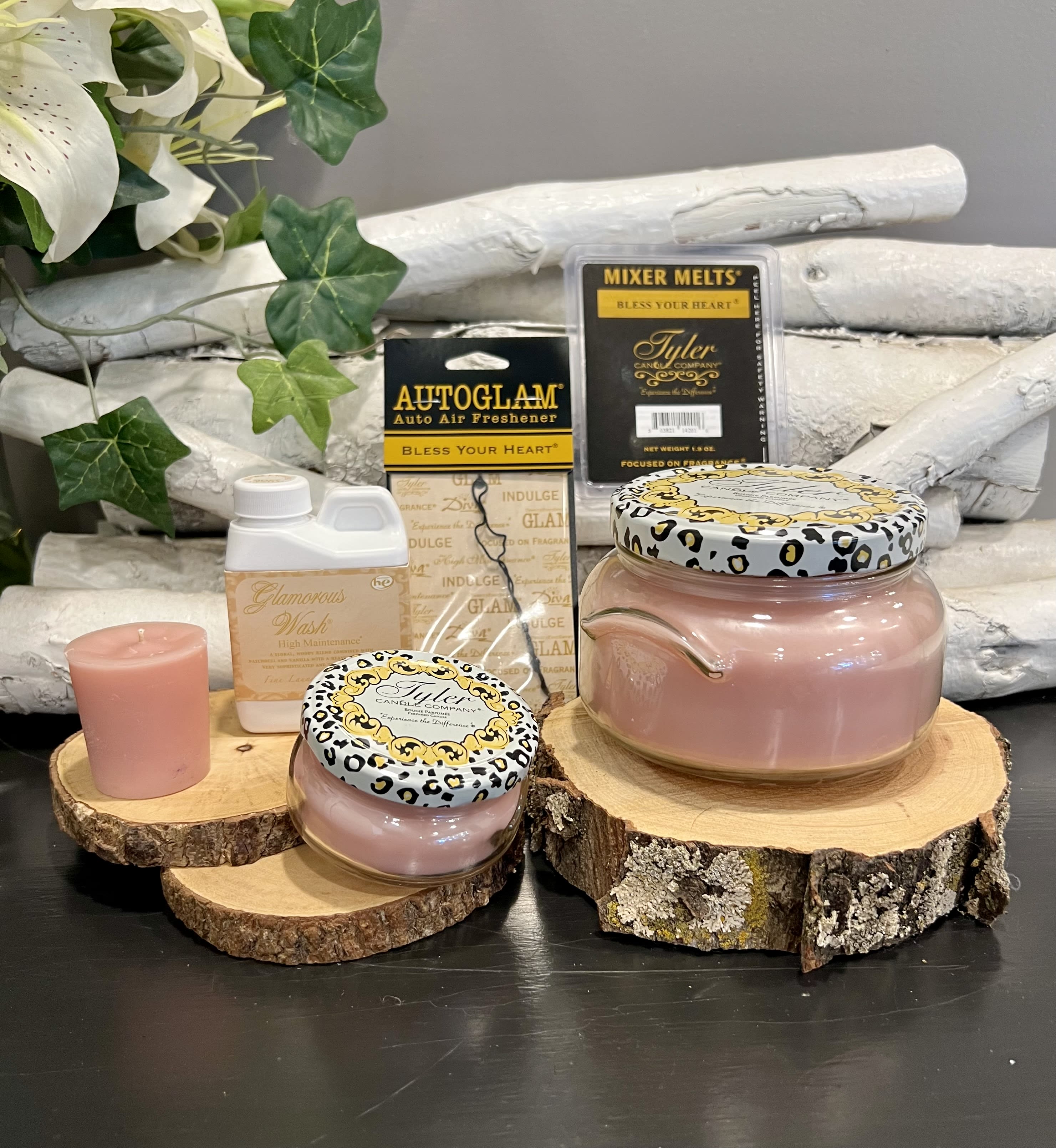 Bless Your Heart Candle Set - Bless Your Heart - Innocent, sweet, playful &amp; always truly genuine!! Raw Vanilla, Bergamot, Sicilian Orange, Raspberry, Fig Leaves, Lily of the Valley, Cotton Candy, Musk, ended with Woody notes!! Includes Large 22oz candle, Small 3.4oz candle, 15 hour Votive, 112g Glamorous wash in High maintenance or Diva, and an Autoglam car freshener. 